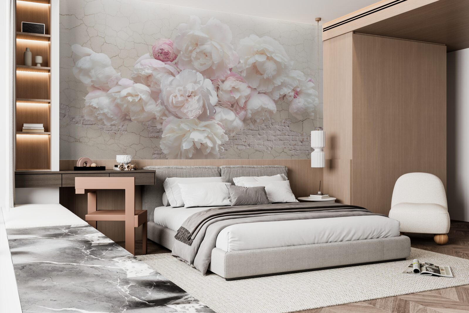 Papier peint pivoines douces en blanc et rose