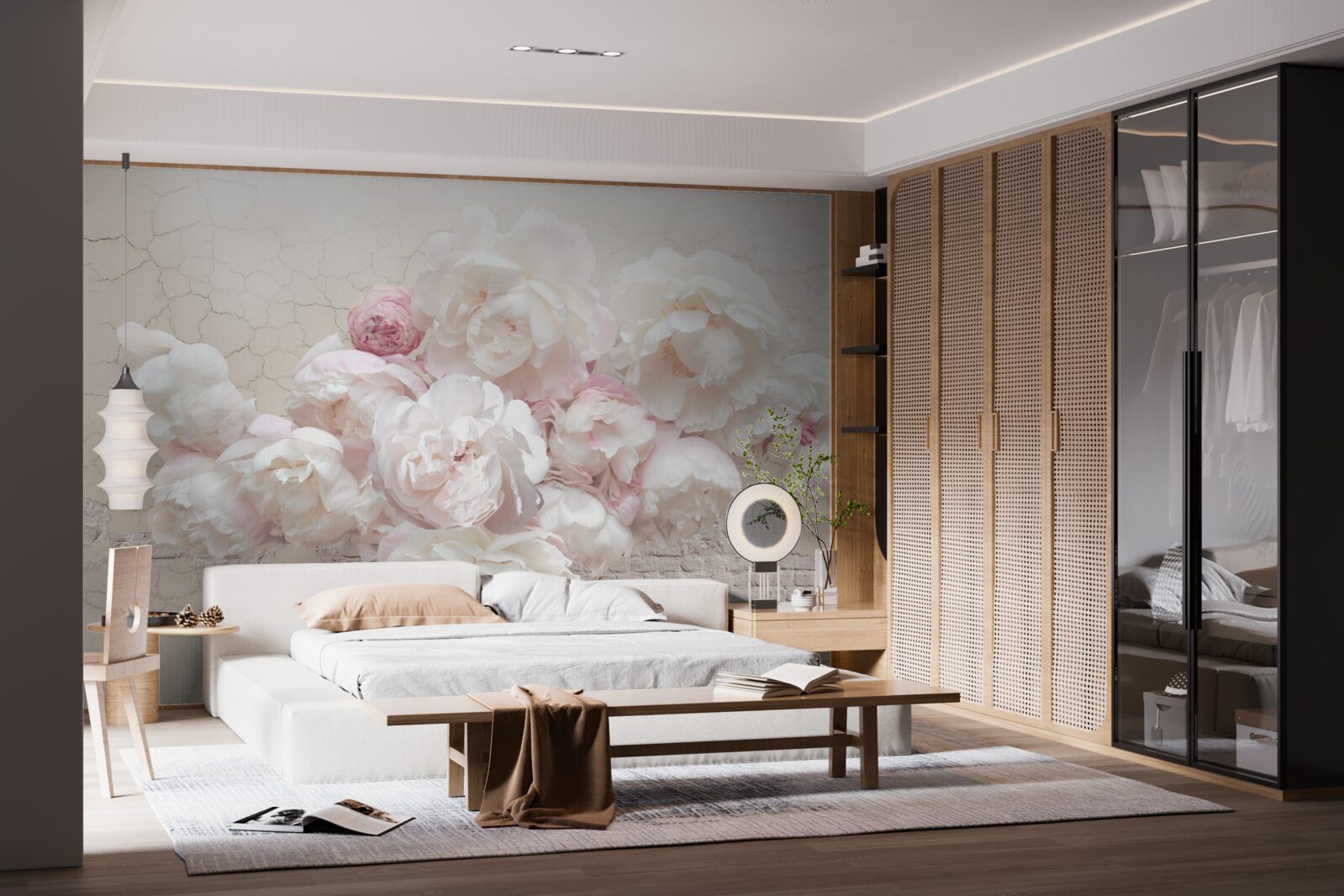 Papier peint pivoines douces en blanc et rose