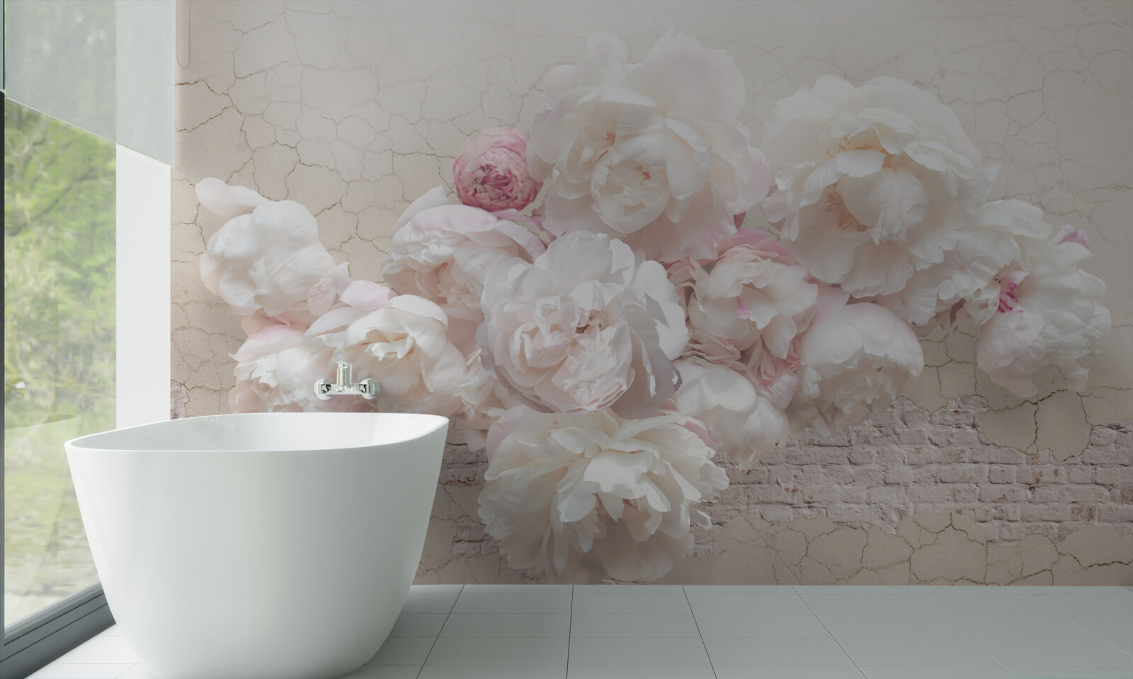 Papier peint pivoines douces en blanc et rose