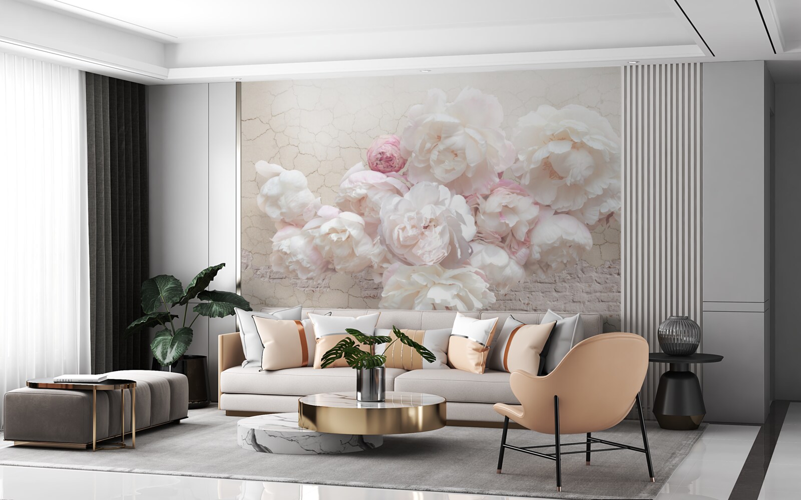 Papier peint pivoines douces en blanc et rose