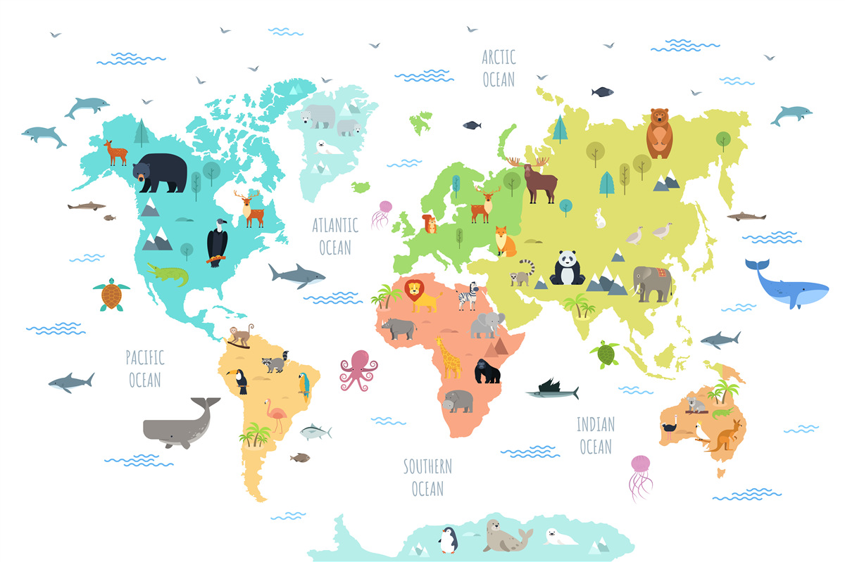 Papier peint carte du monde multicolore avec des représentants de la faune