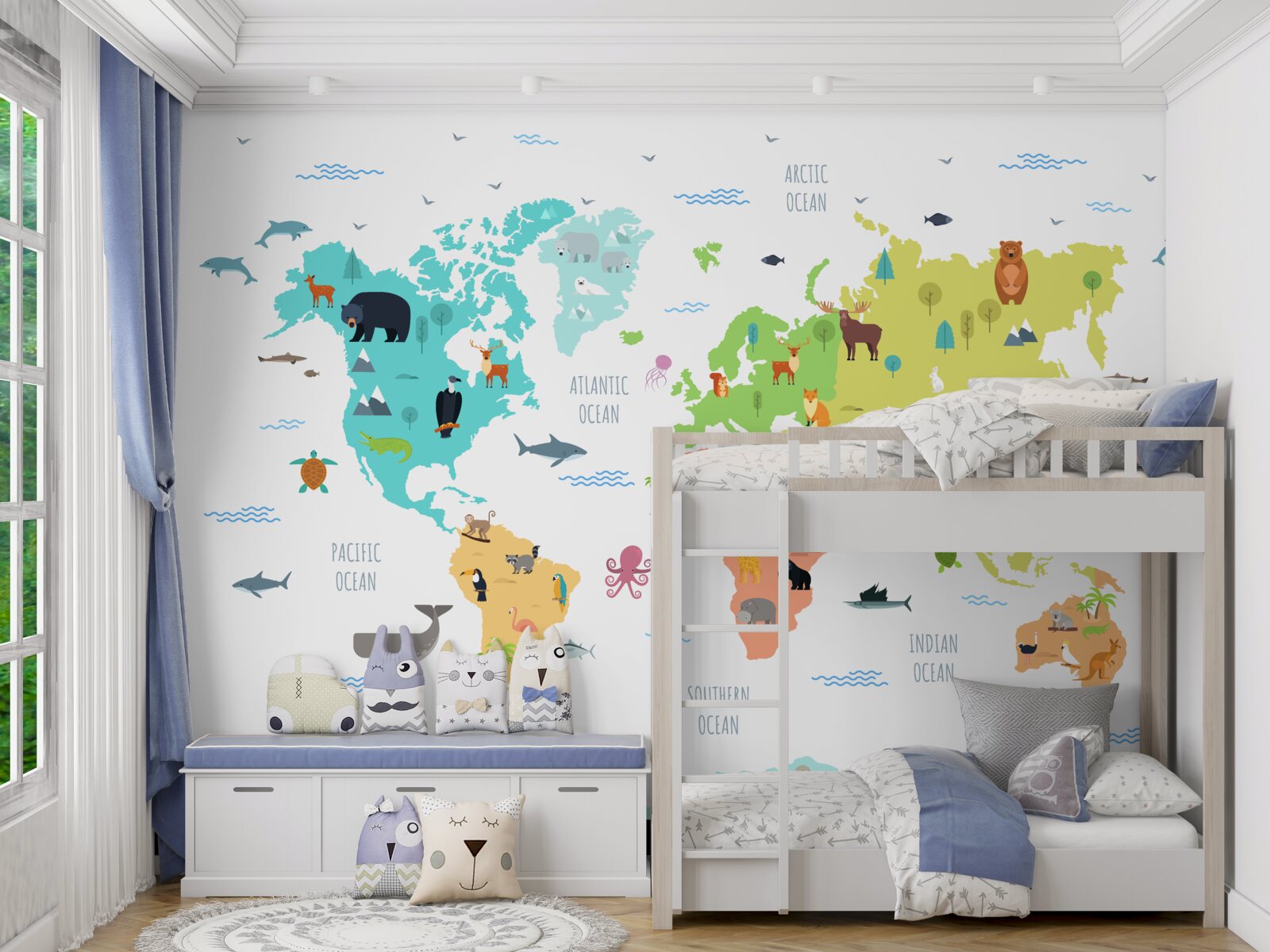 Papier peint carte du monde multicolore avec des représentants de la faune