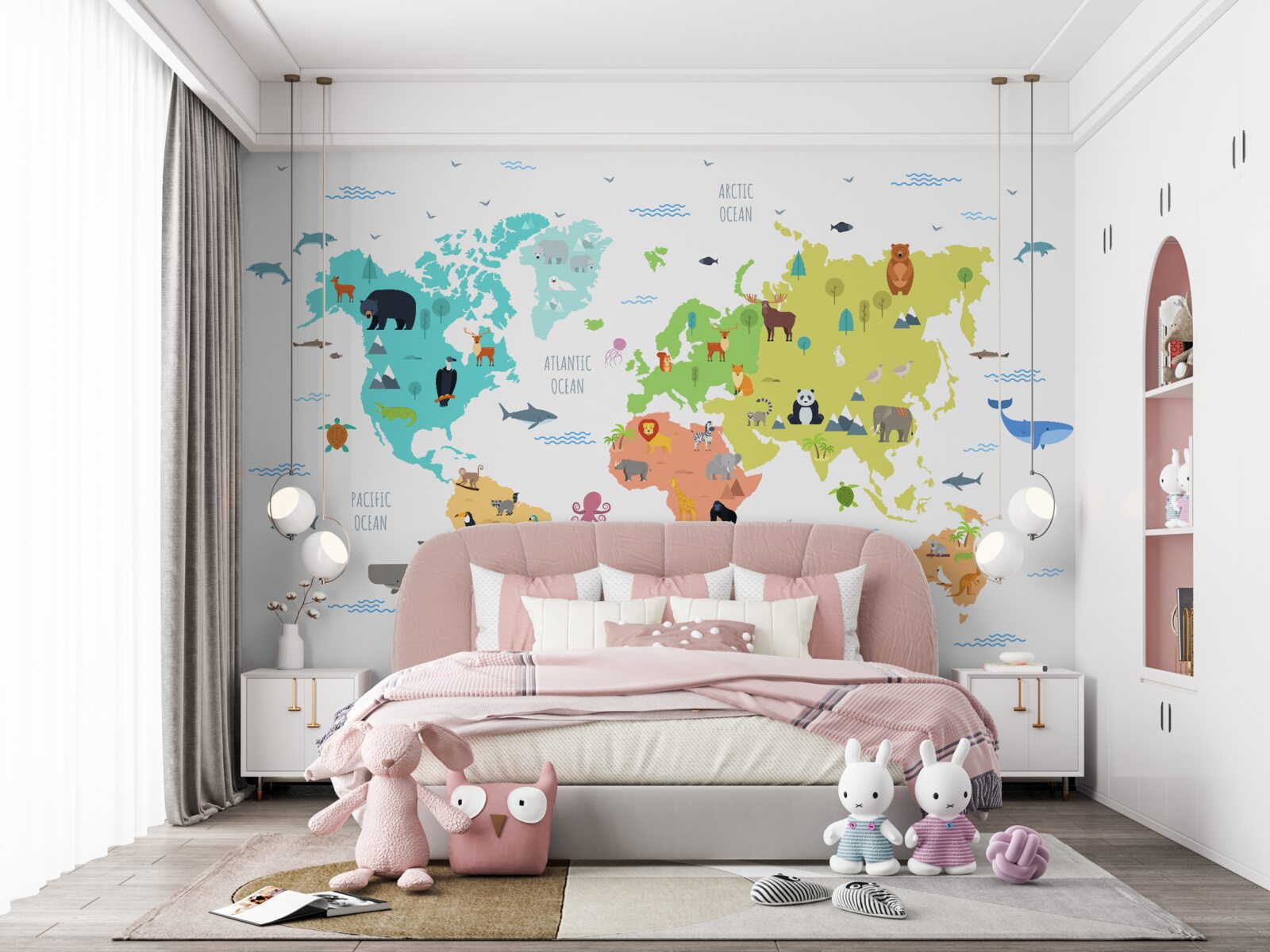 Papier peint carte du monde multicolore avec des représentants de la faune