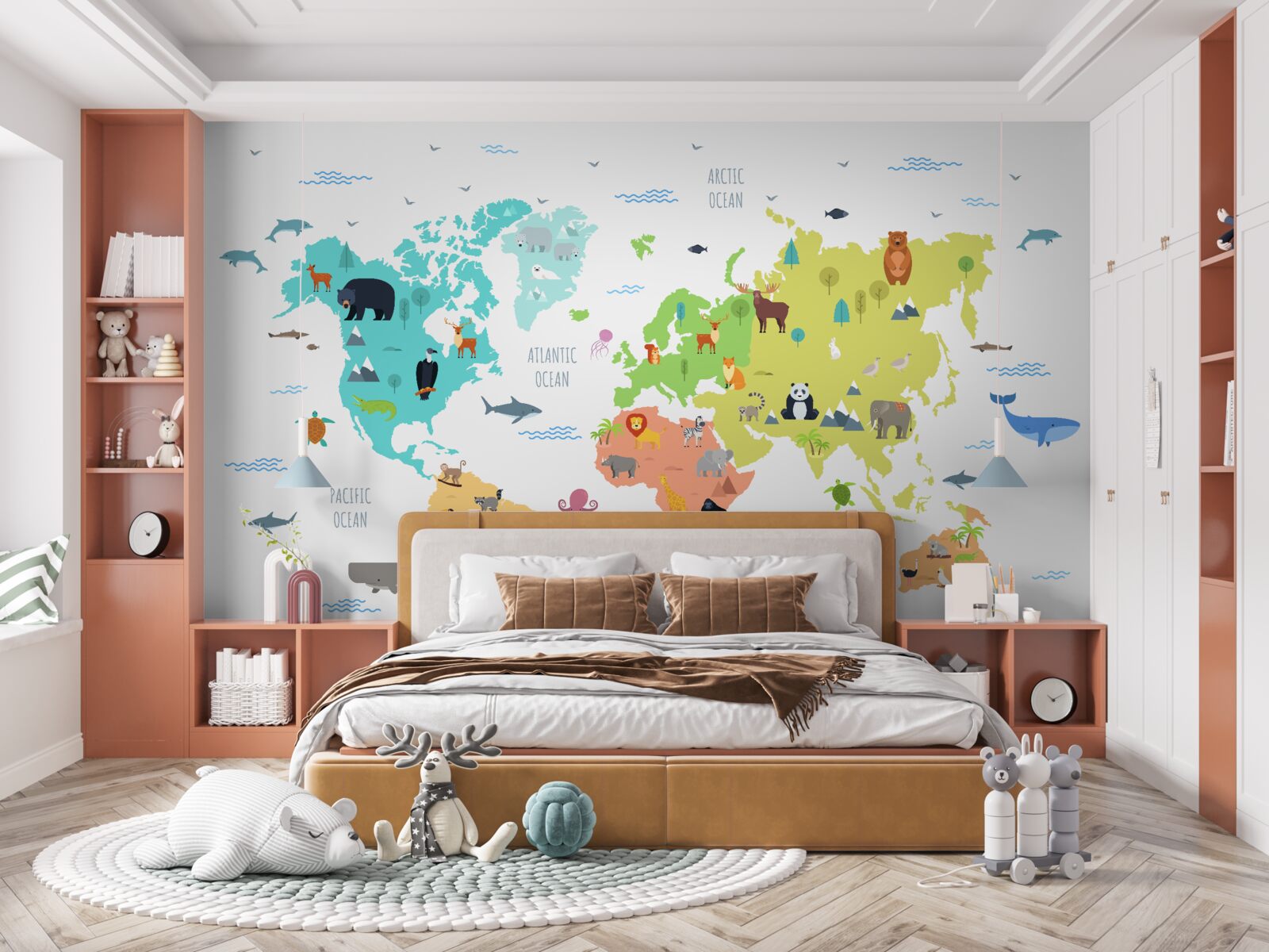 Papier peint carte du monde multicolore avec des représentants de la faune