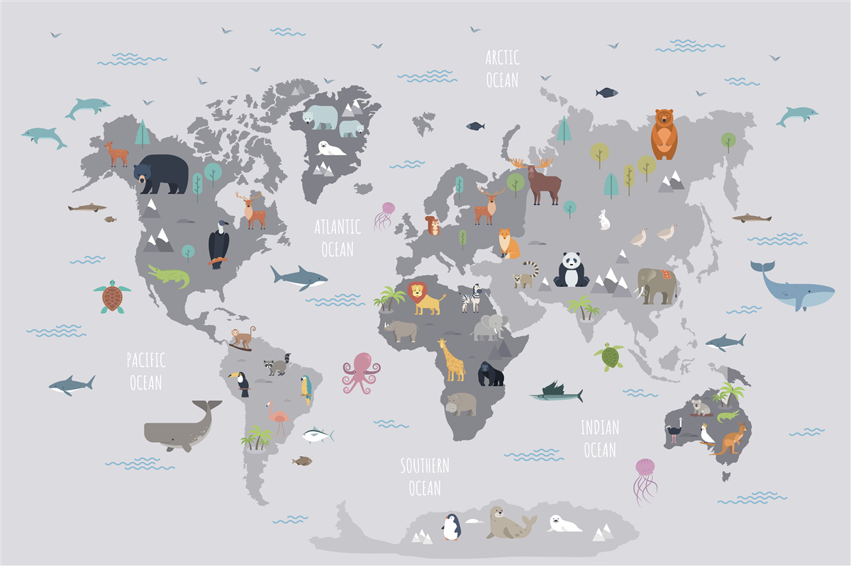 Papier peint carte du monde grise avec images d'animaux