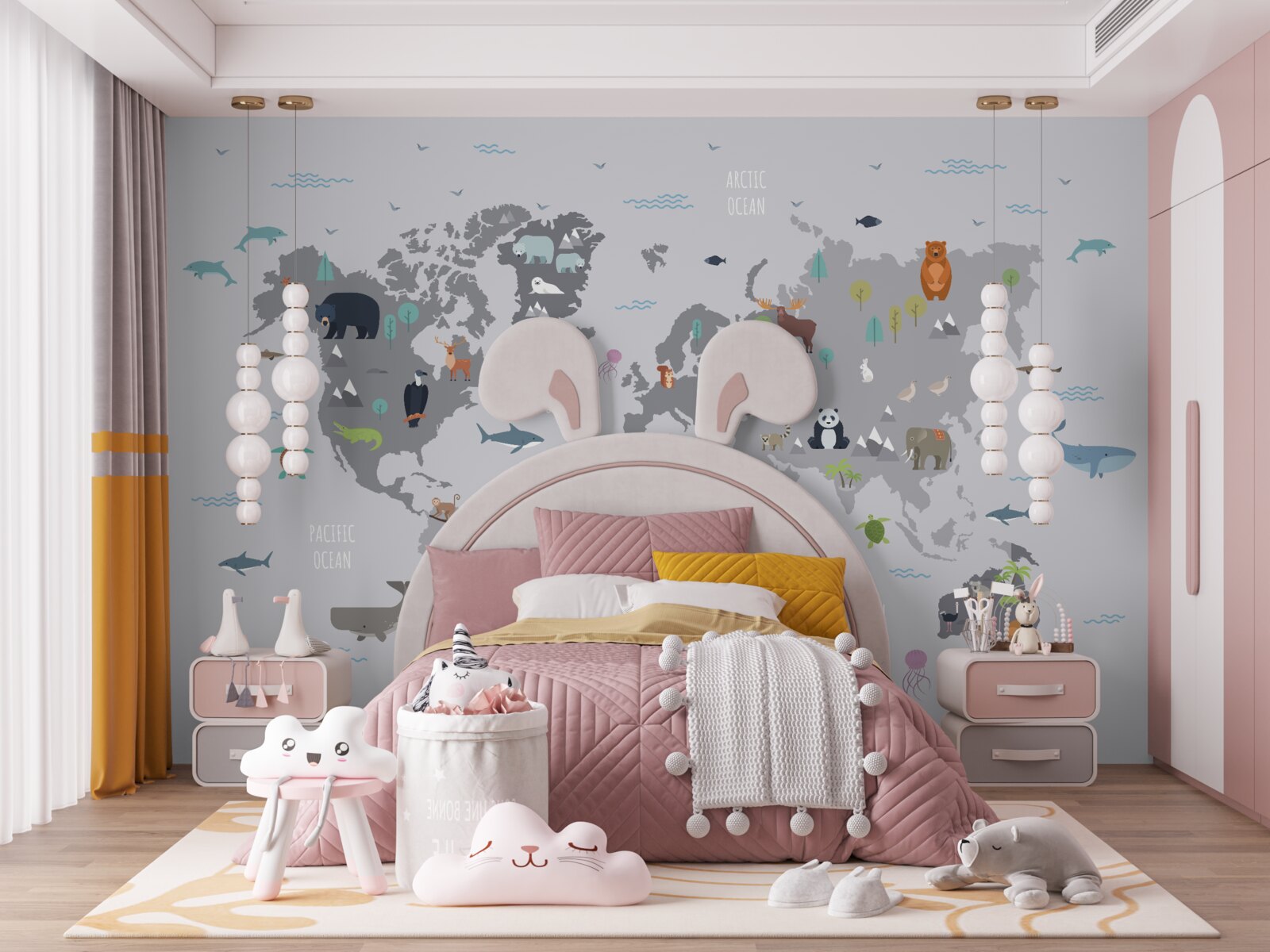 Papier peint carte du monde grise avec images d'animaux