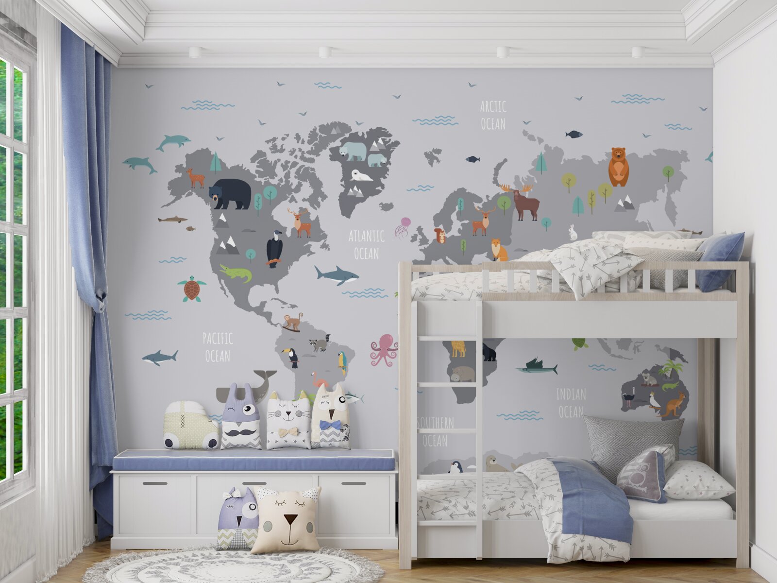 Papier peint carte du monde grise avec images d'animaux