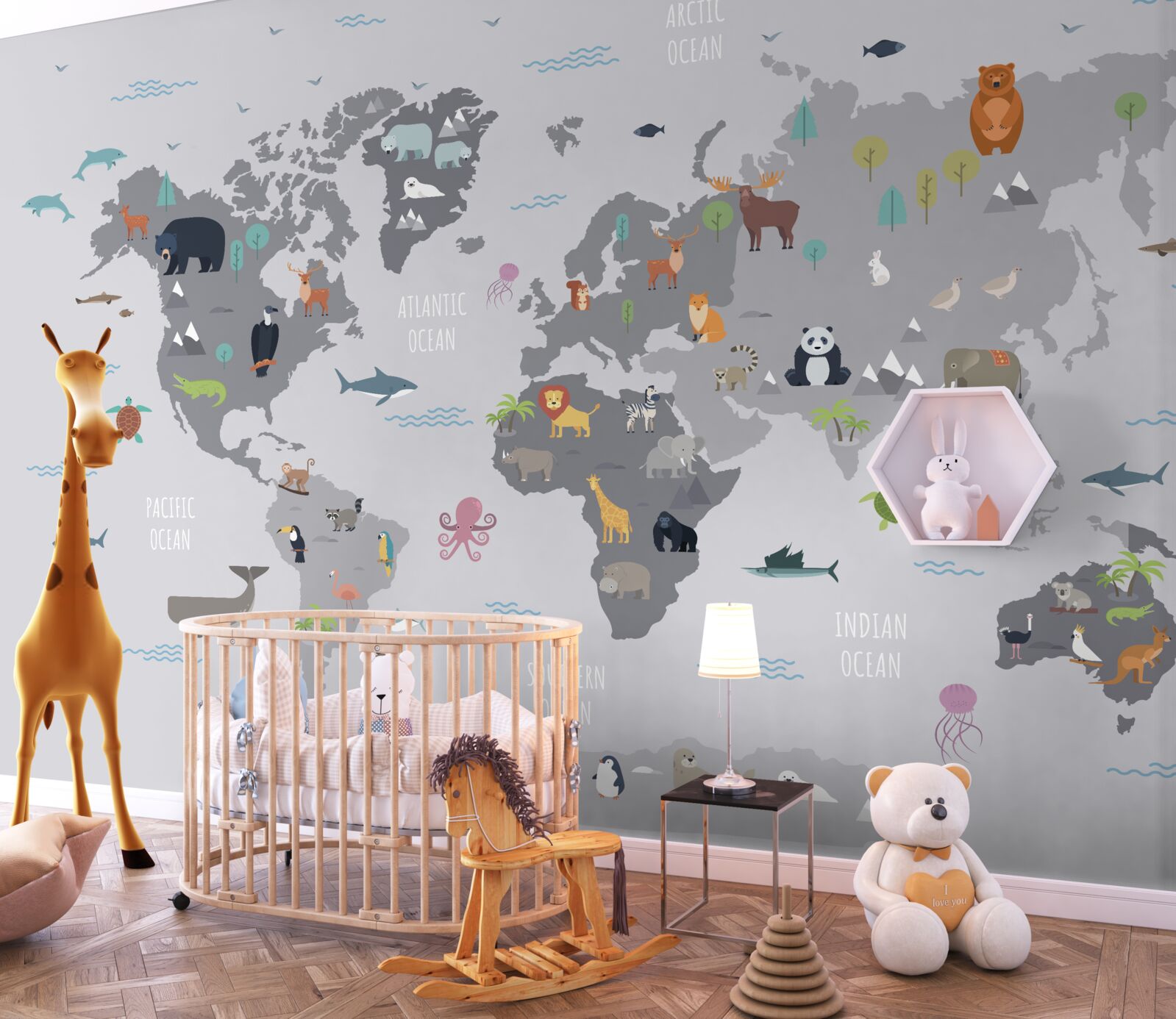 Papier peint carte du monde grise avec images d'animaux