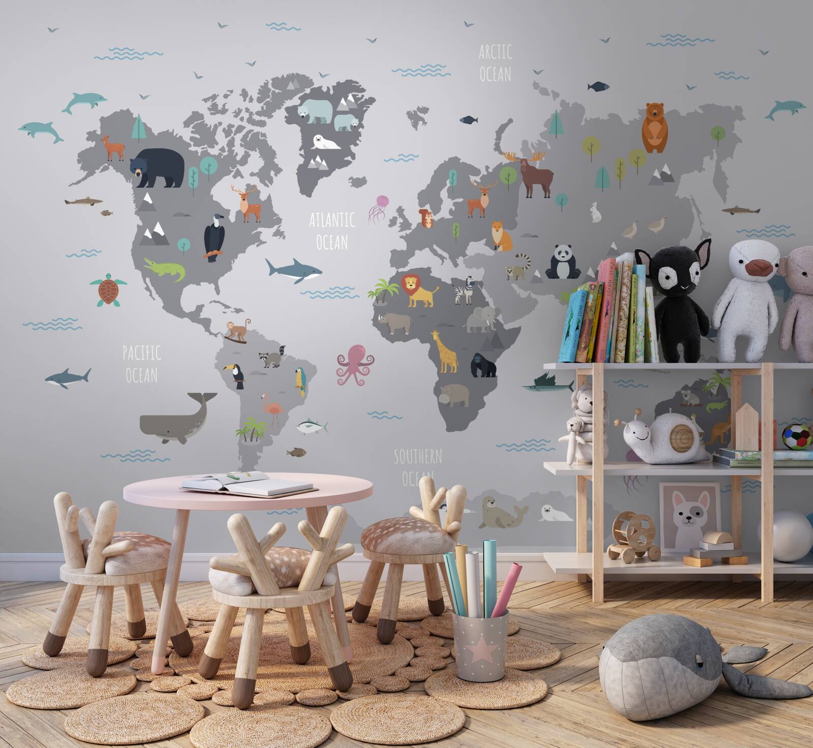 Papier peint carte du monde grise avec images d'animaux