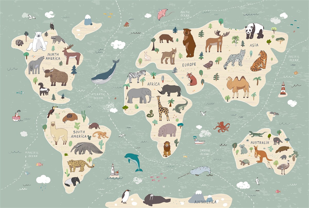 Papier peint la carte du monde montre une multitude d'animaux différents
