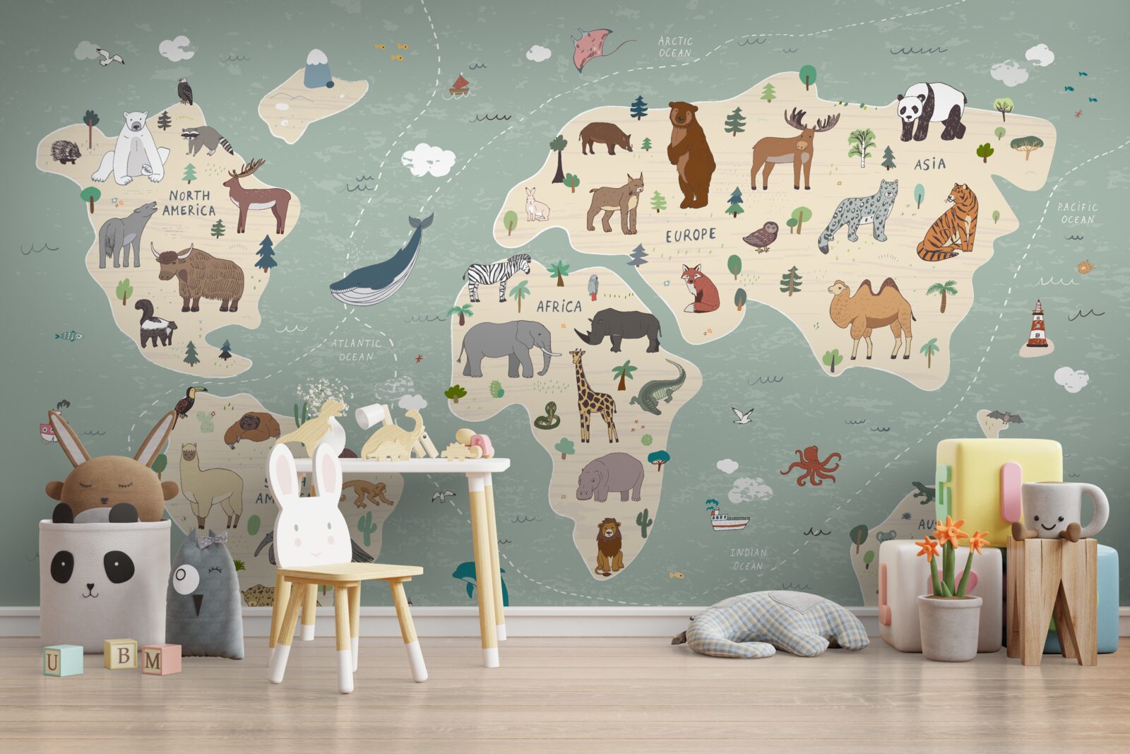 Papier peint la carte du monde montre une multitude d'animaux différents