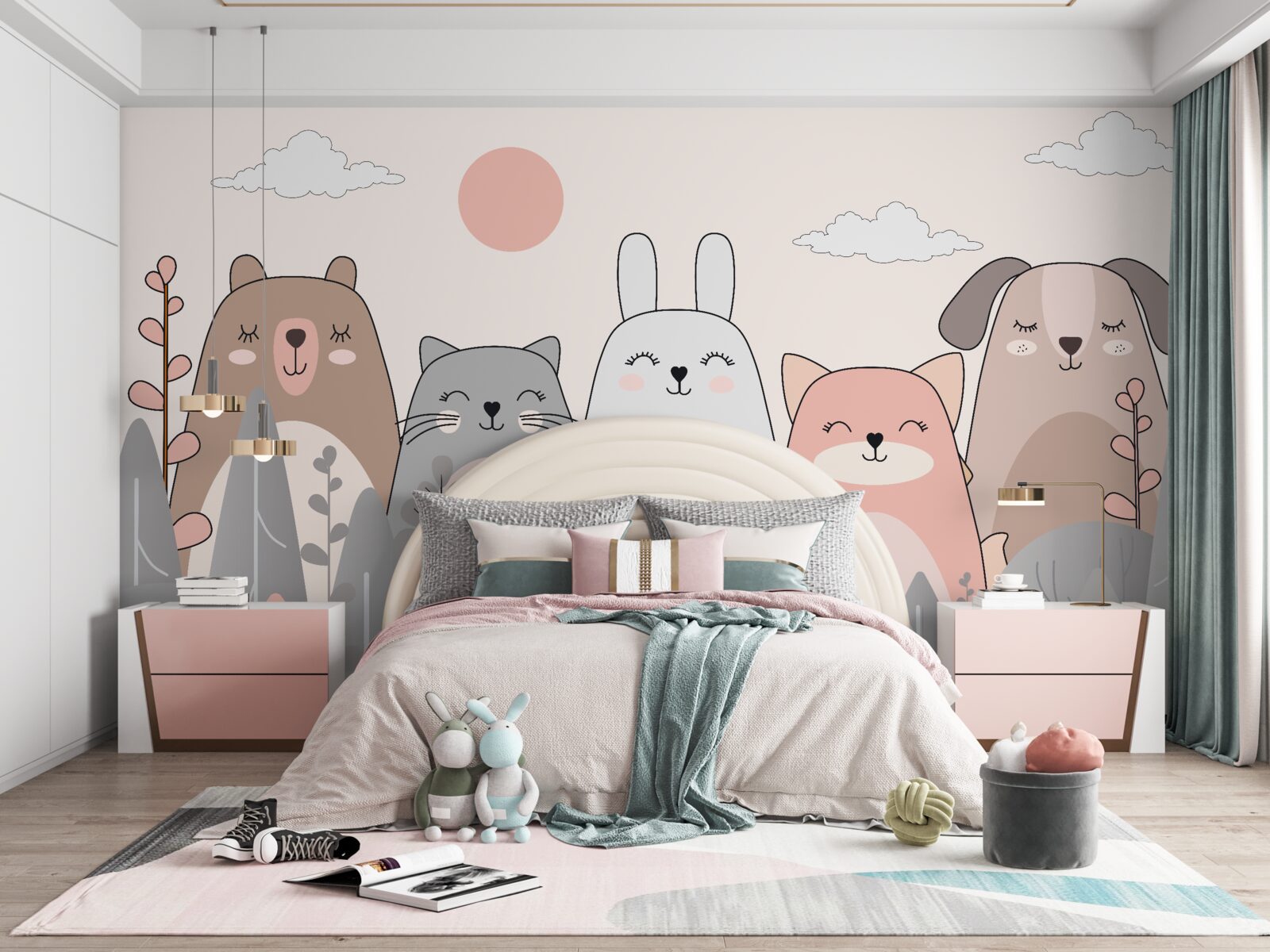 Papier peint cinq animaux charmants et divers