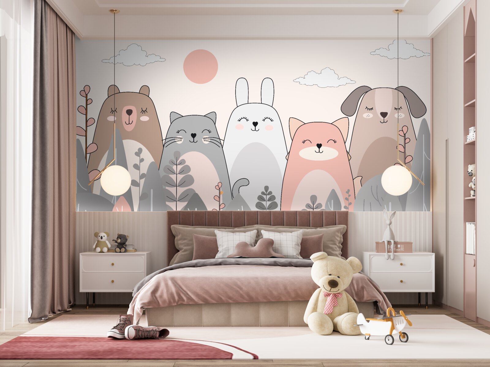 Papier peint cinq animaux charmants et divers