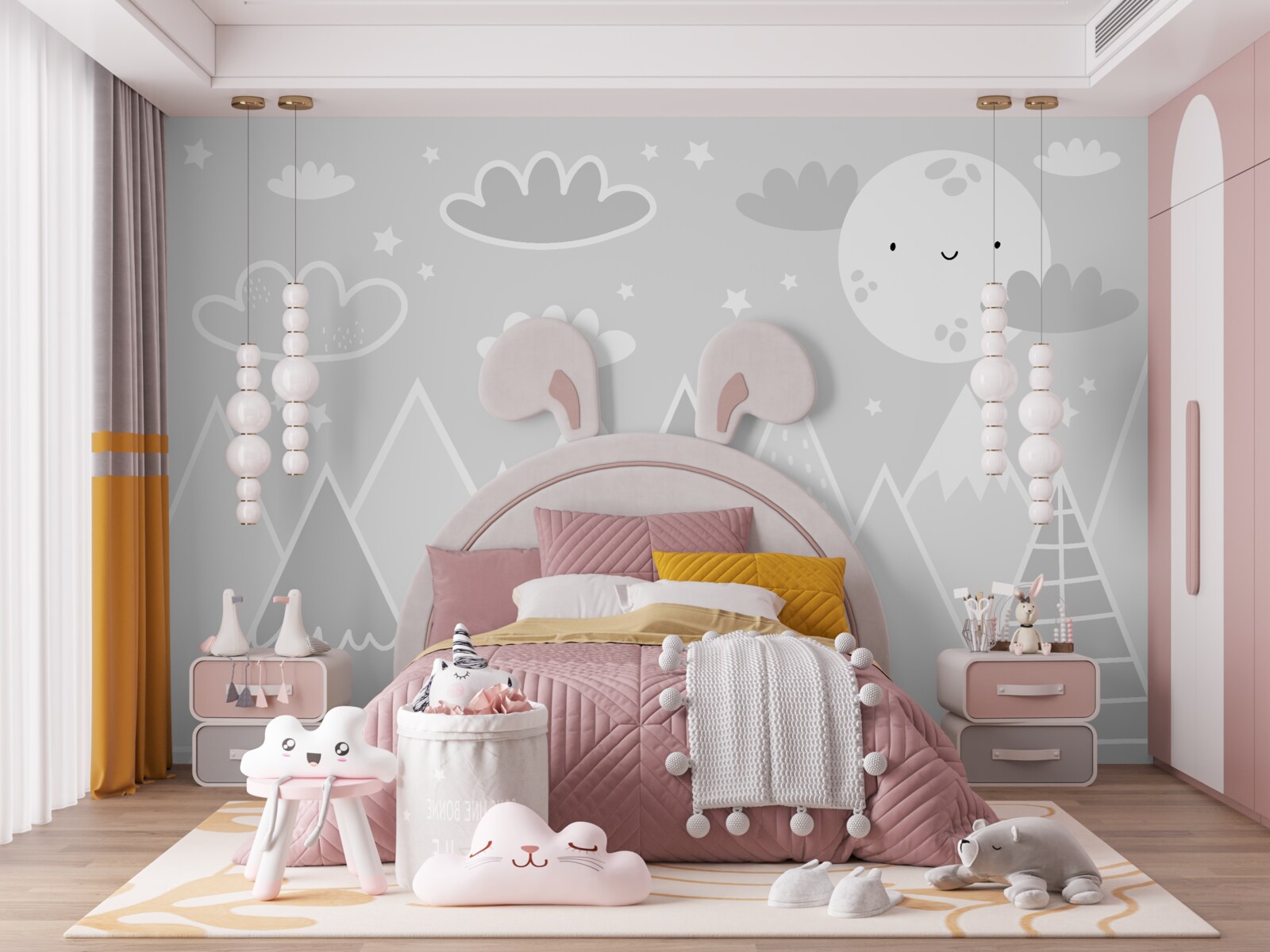 Papier peint au-dessus des sommets des montagnes, une lune brillante avec un visage