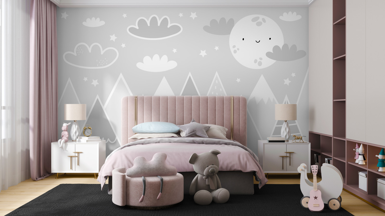 Papier peint au-dessus des sommets des montagnes, une lune brillante avec un visage