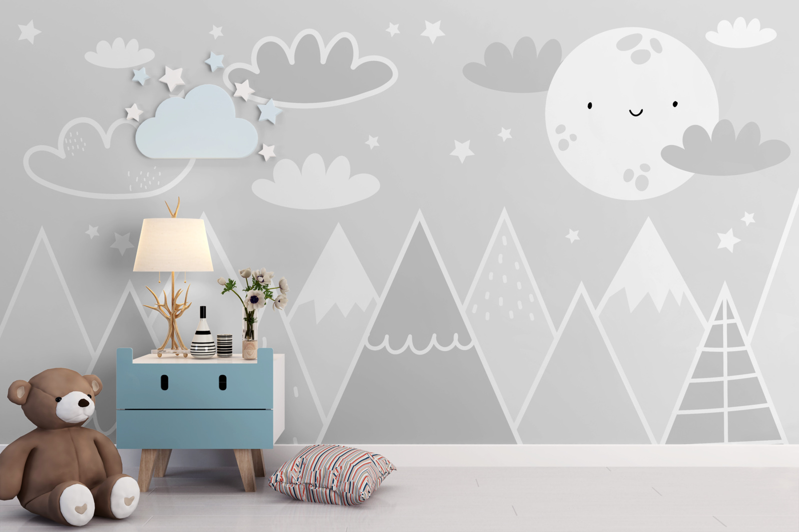 Papier peint au-dessus des sommets des montagnes, une lune brillante avec un visage