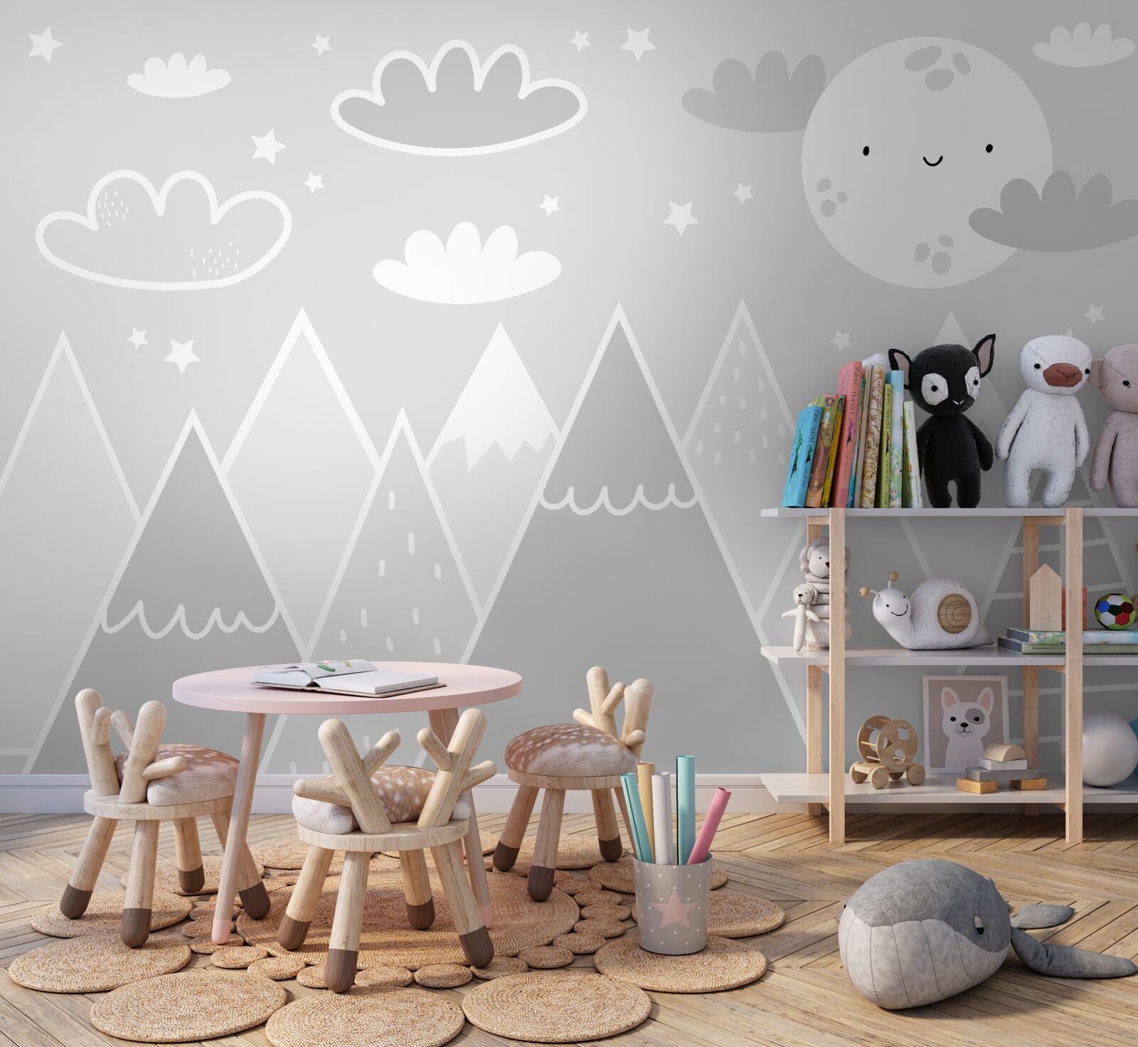 Papier peint au-dessus des sommets des montagnes, une lune brillante avec un visage