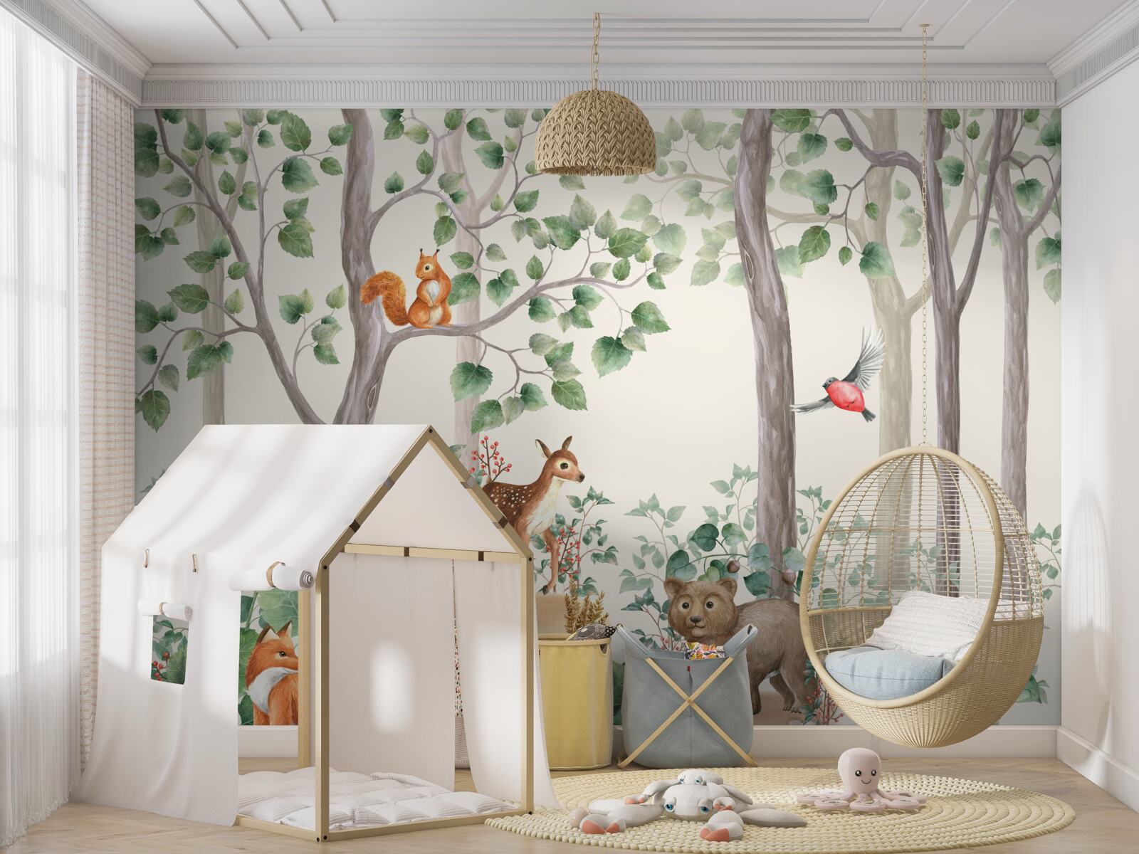 Papier peint animaux et oiseaux dans une forêt de conte de fées