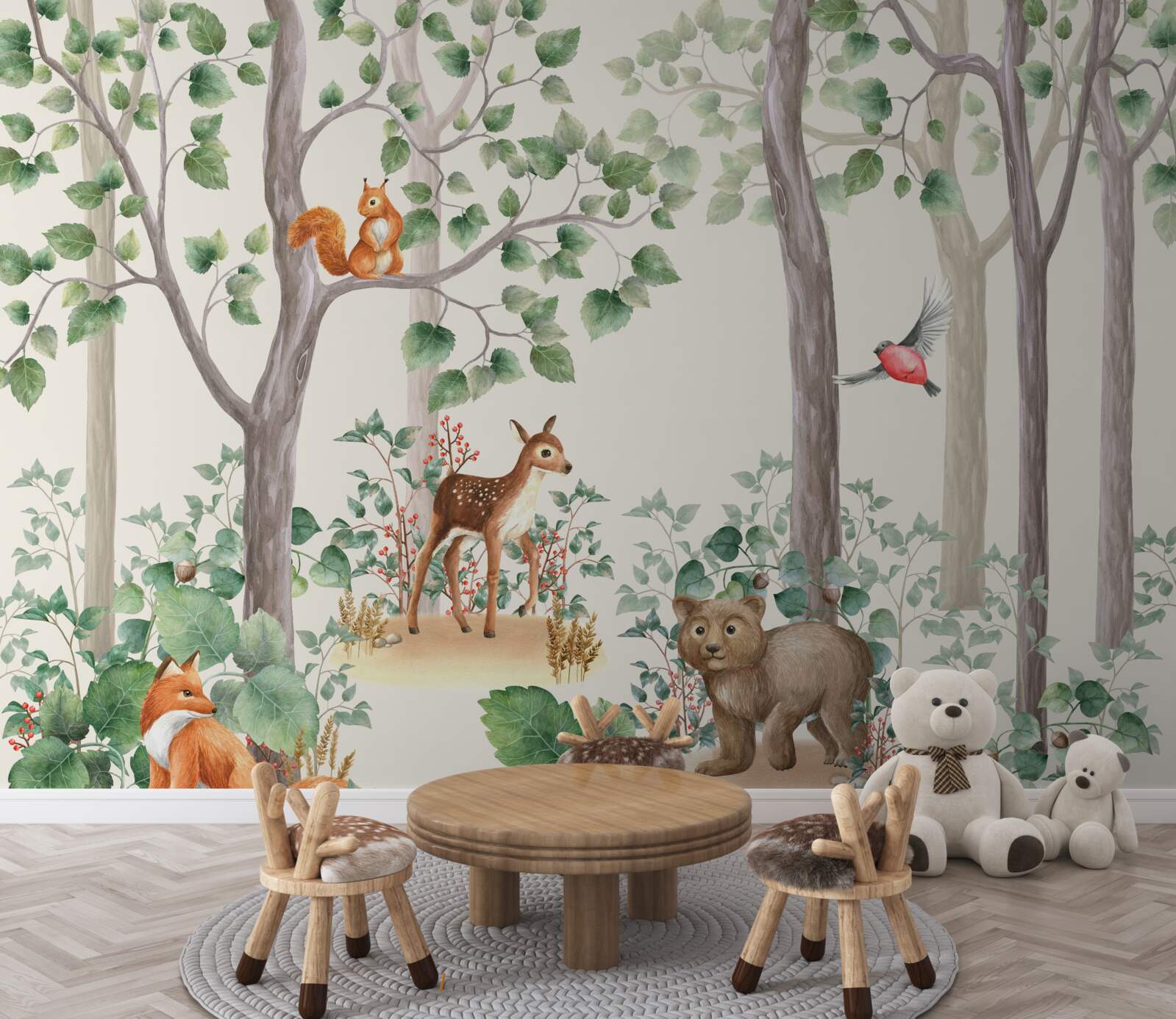 Papier peint animaux et oiseaux dans une forêt de conte de fées