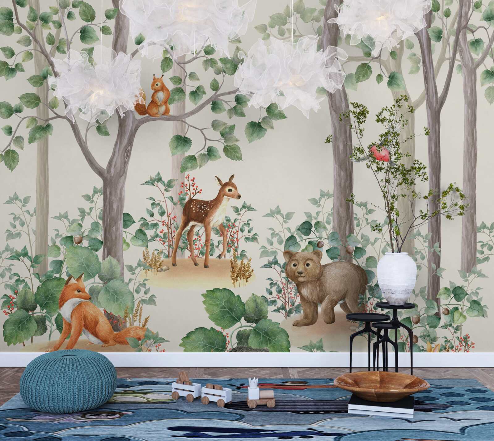 Papier peint animaux et oiseaux dans une forêt de conte de fées