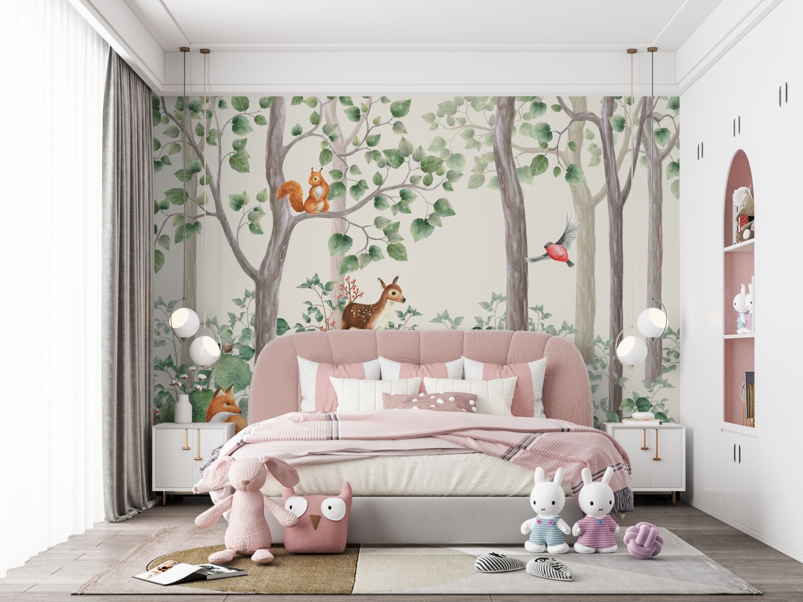 Papier peint animaux et oiseaux dans une forêt de conte de fées