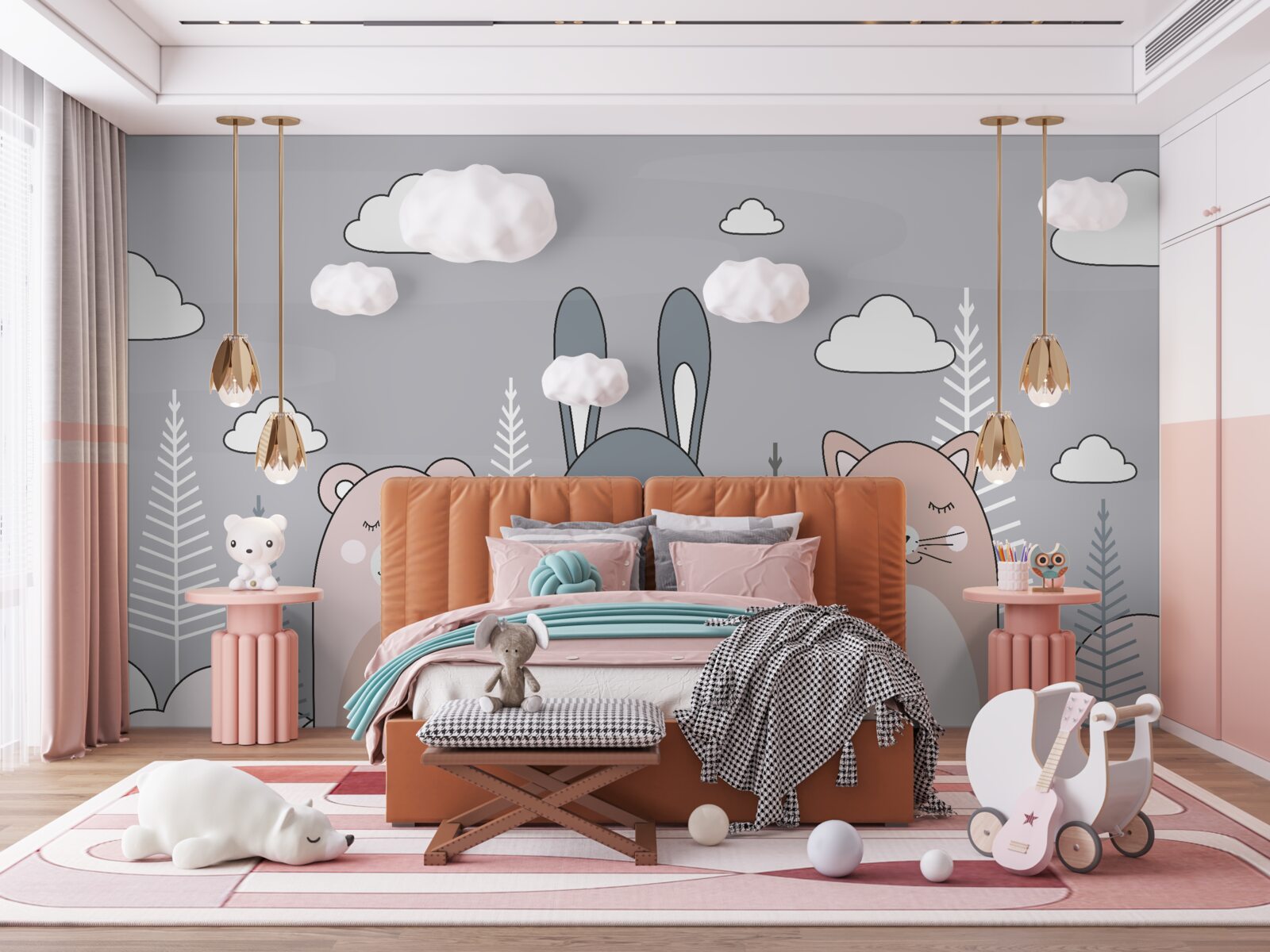 Papier peint un chaton, un ours et un lièvre entourés d'accouplements