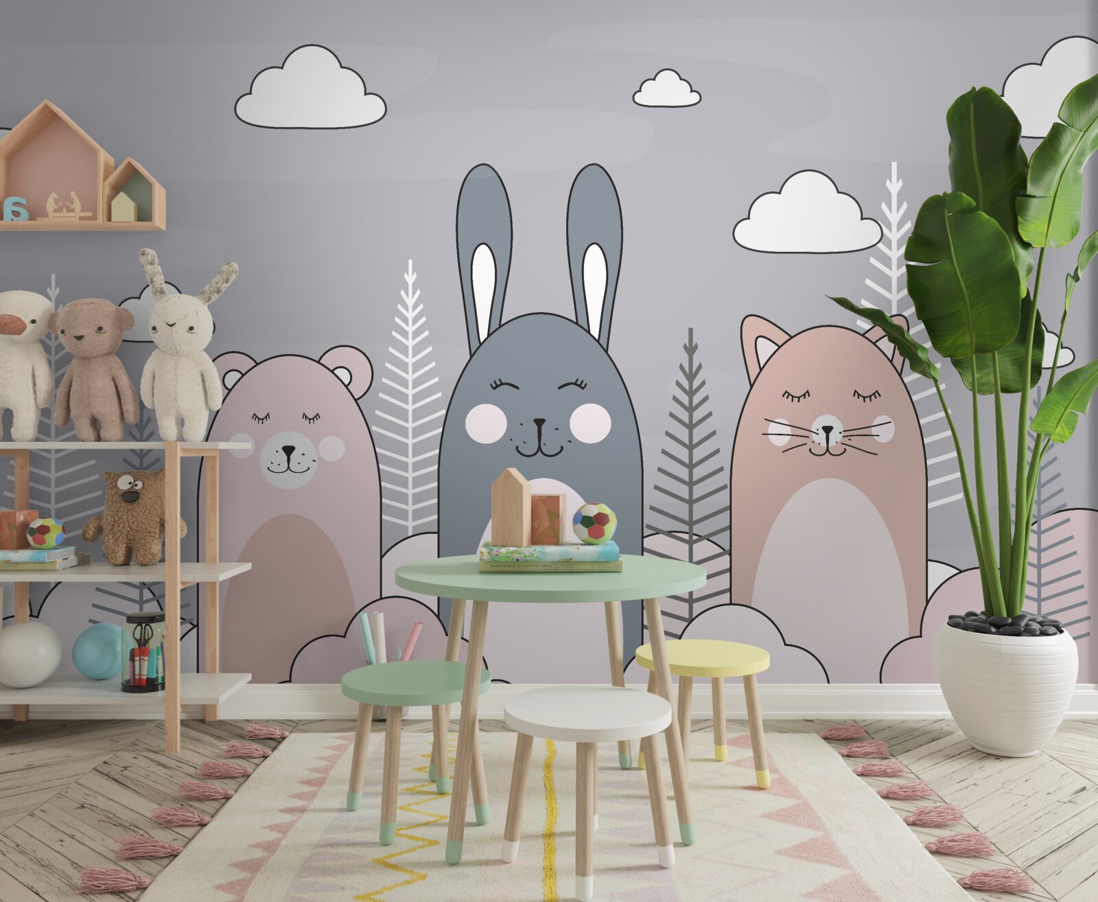 Papier peint un chaton, un ours et un lièvre entourés d'accouplements