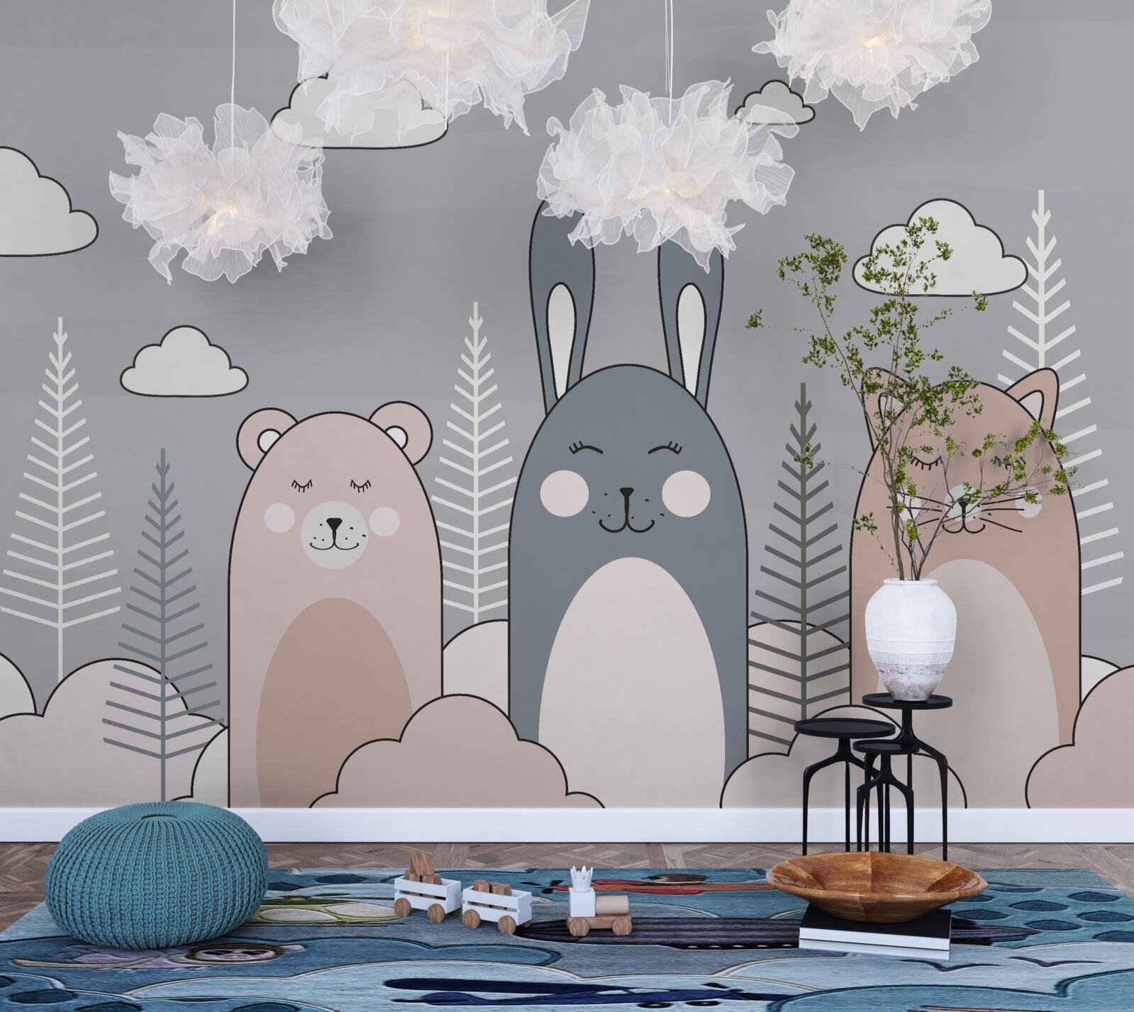 Papier peint un chaton, un ours et un lièvre entourés d'accouplements