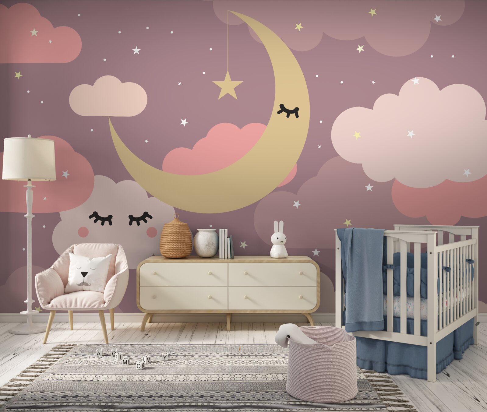 Papier peint la lune et un petit nuage avec des yeux