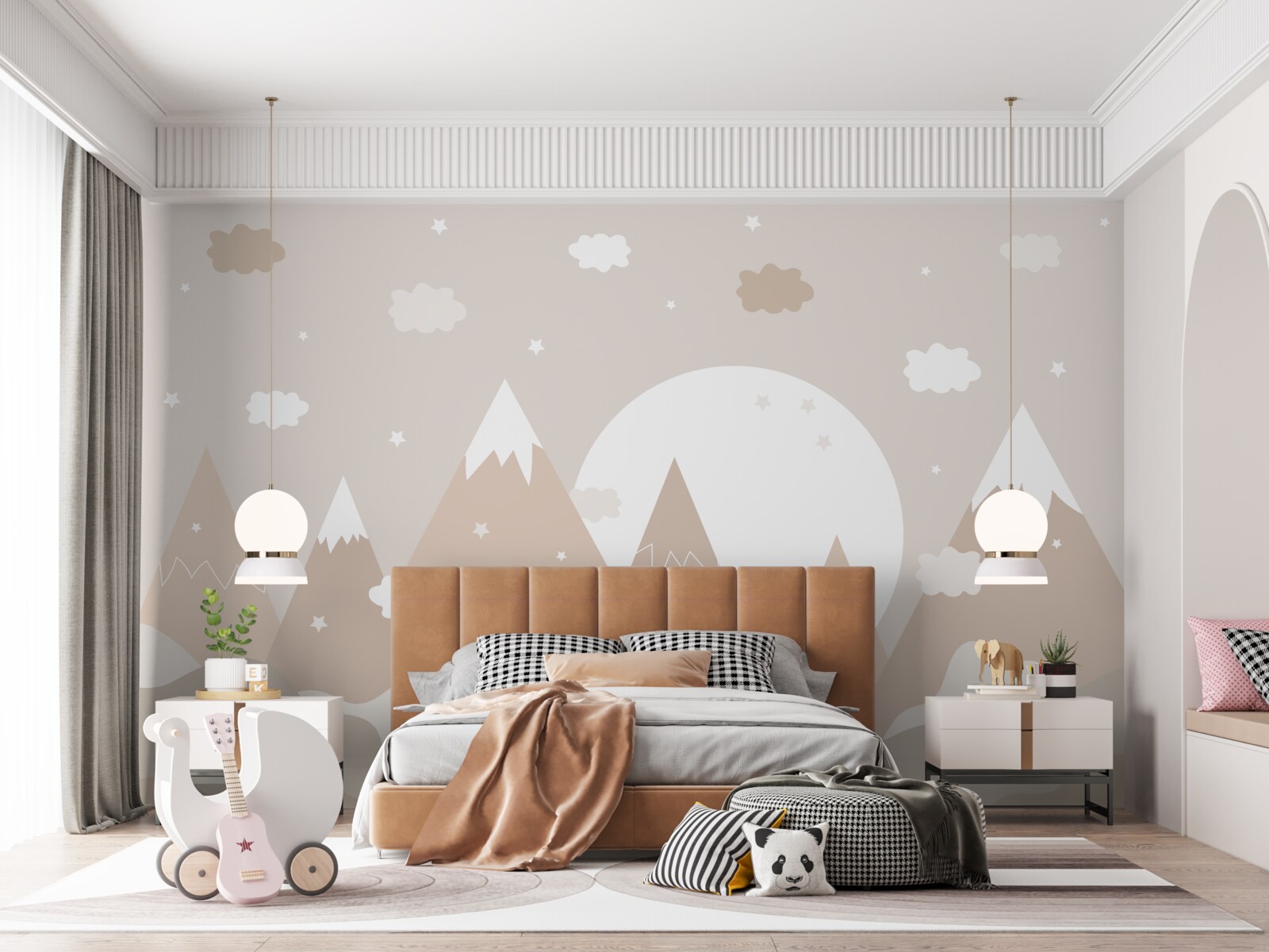 Papier peint sommets représentés sur la toile et pleine lune brillante