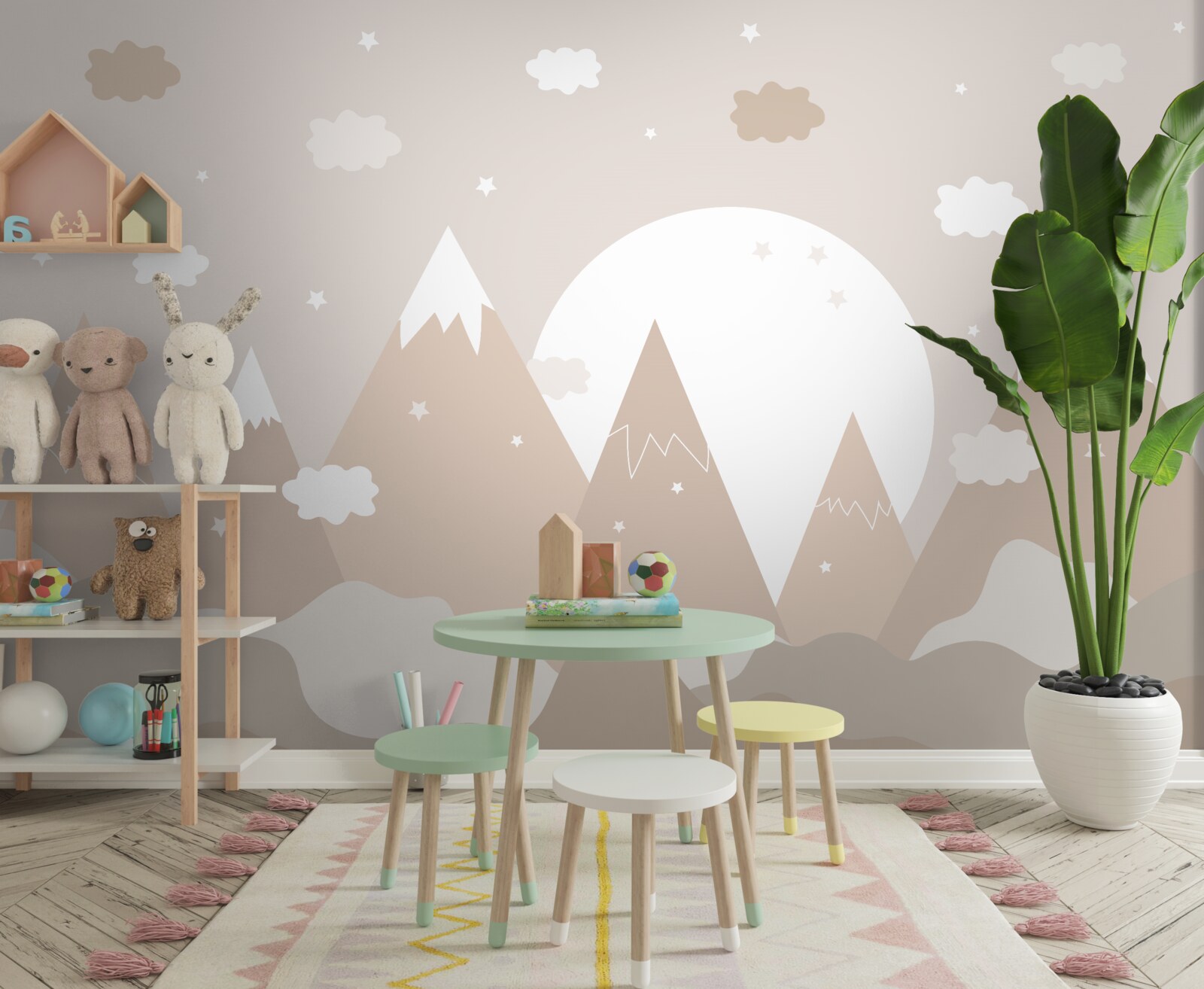 Papier peint sommets représentés sur la toile et pleine lune brillante