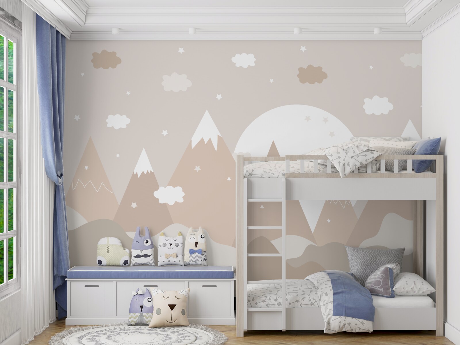 Papier peint sommets représentés sur la toile et pleine lune brillante