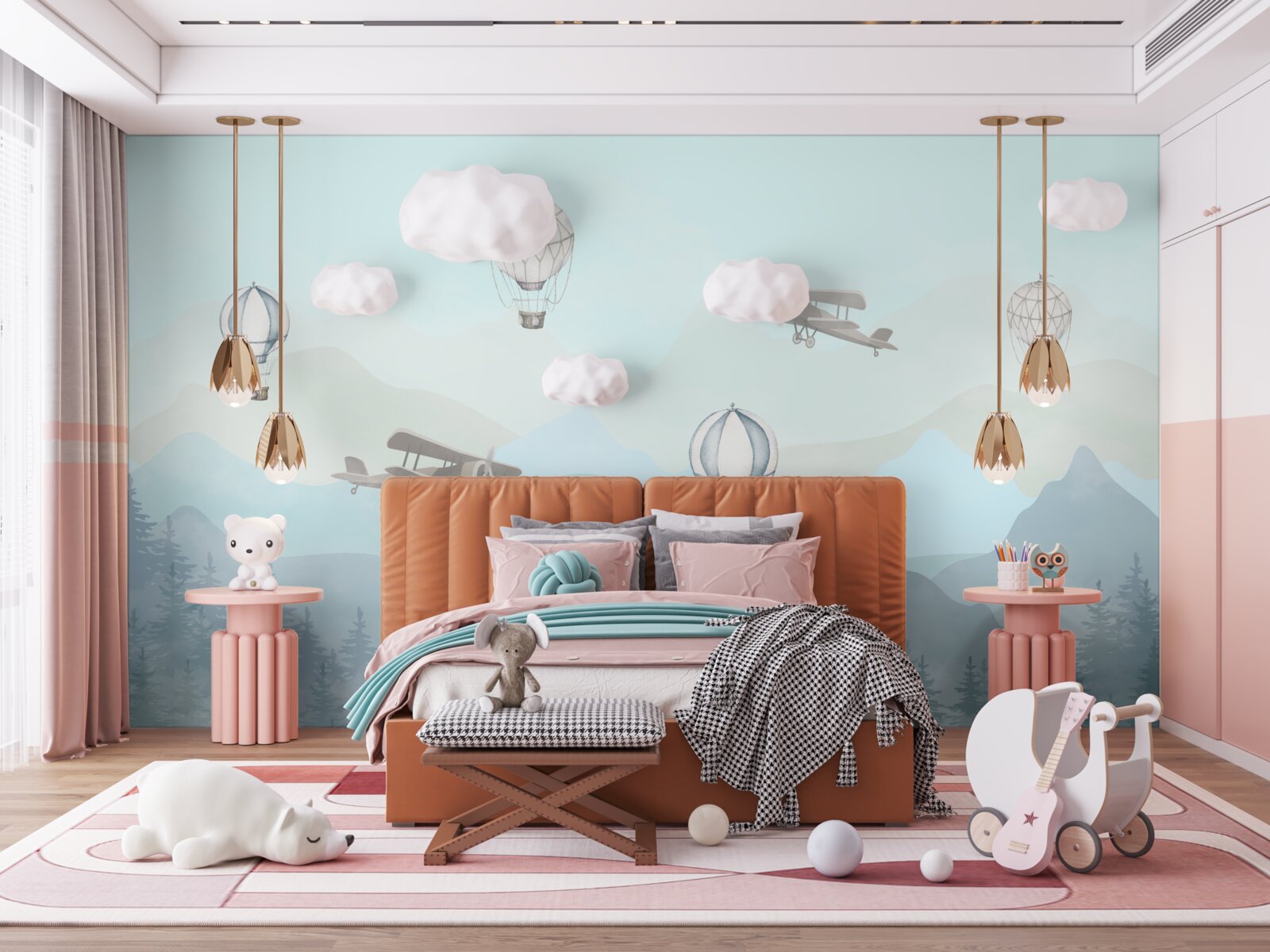 Papier peint pics montagneux, ballons et avions dans le ciel