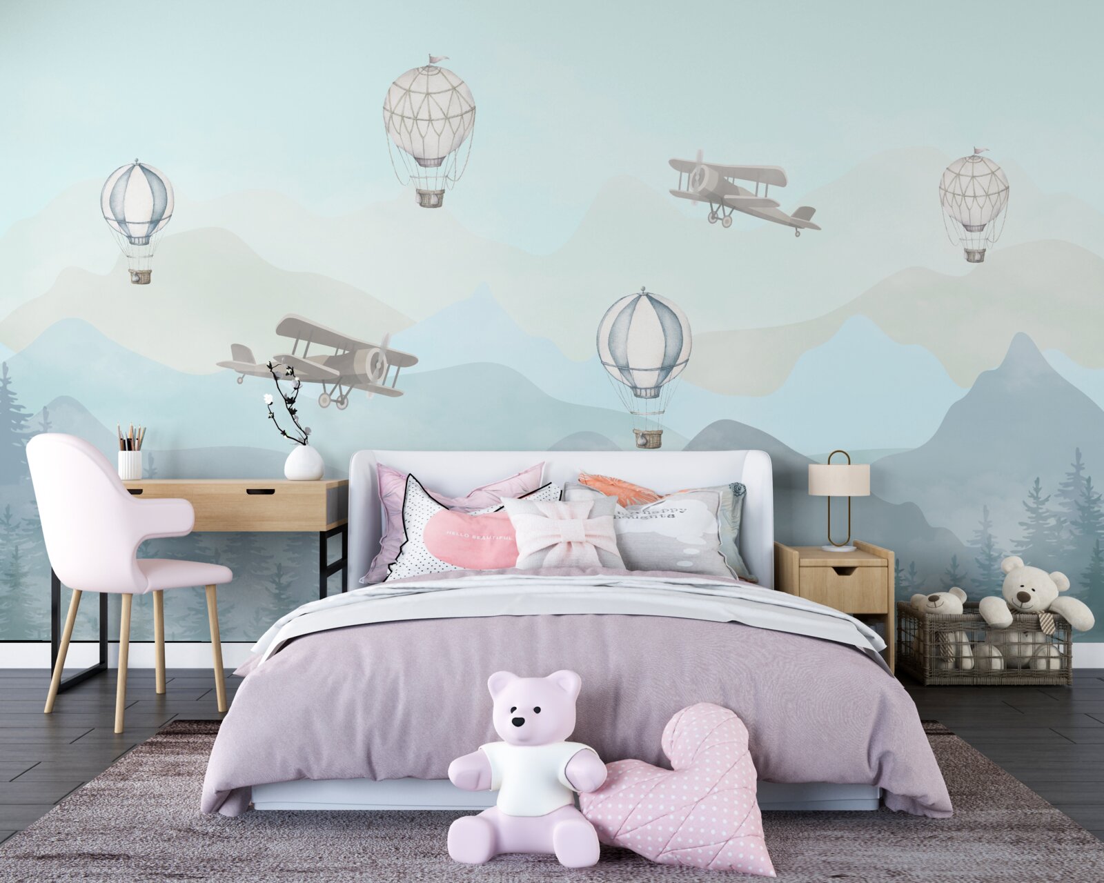 Papier peint pics montagneux, ballons et avions dans le ciel