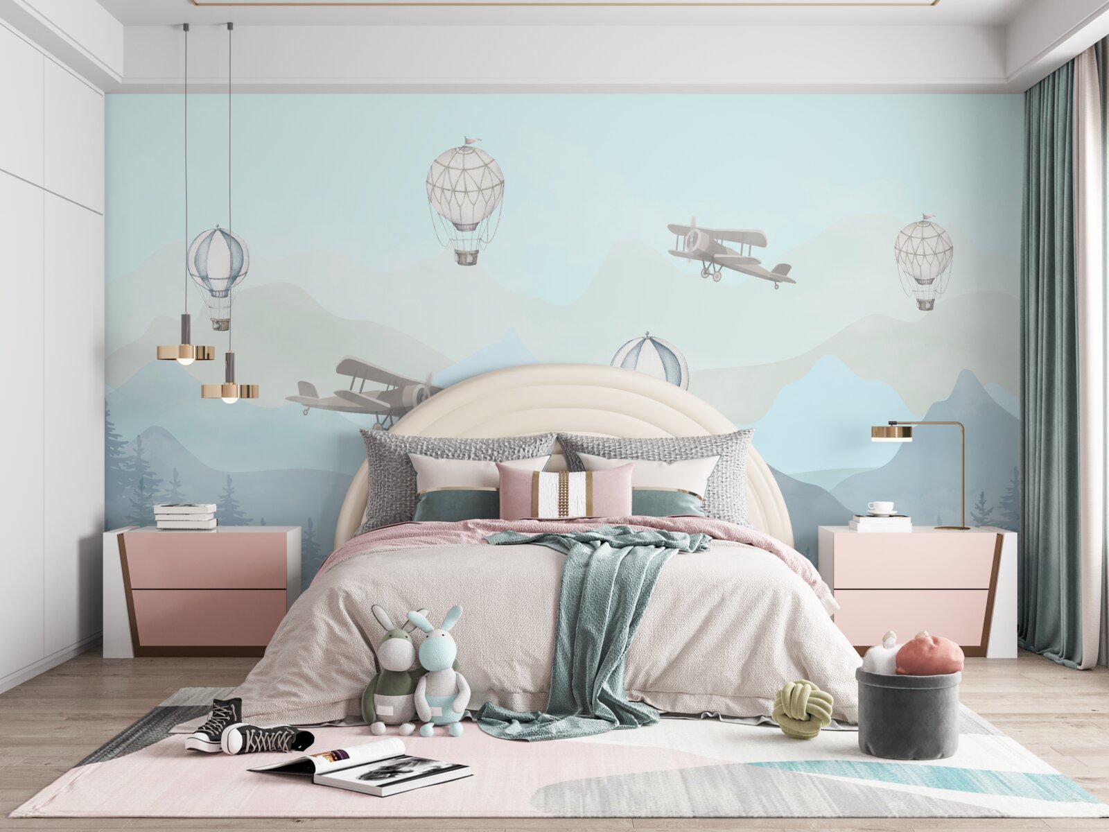 Papier peint pics montagneux, ballons et avions dans le ciel