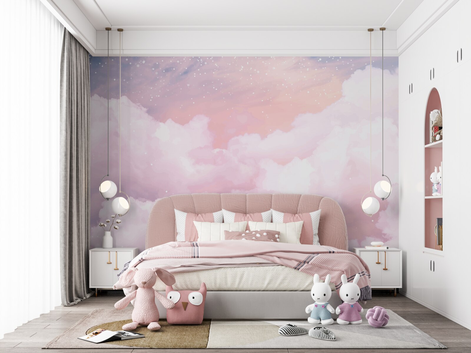 Papier peint nuages roses doux