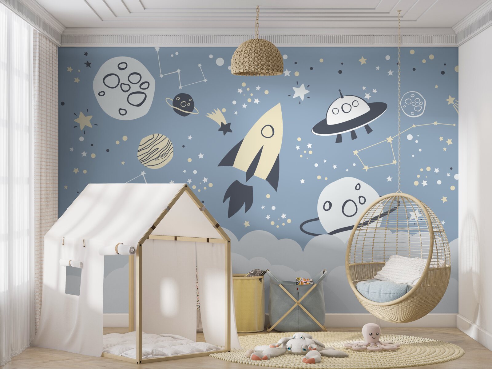 Papier peint vaisseau spatial et ovni dans le vide de l'univers