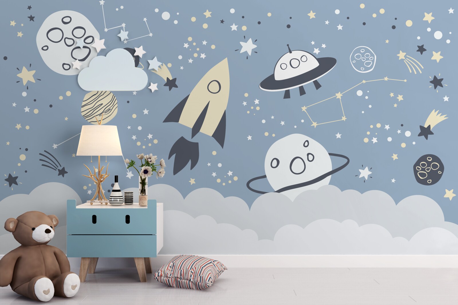 Papier peint vaisseau spatial et ovni dans le vide de l'univers