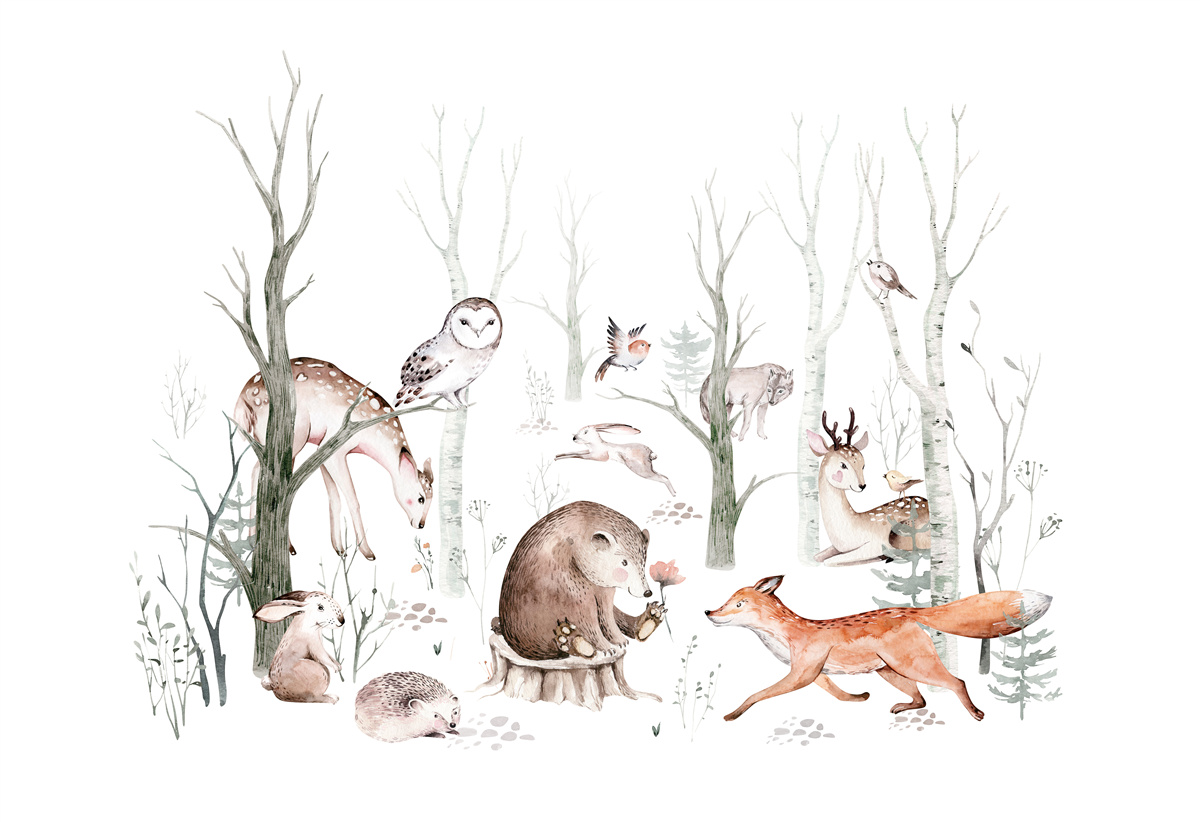 Papier peint animaux de la forêt représentés à l'aquarelle