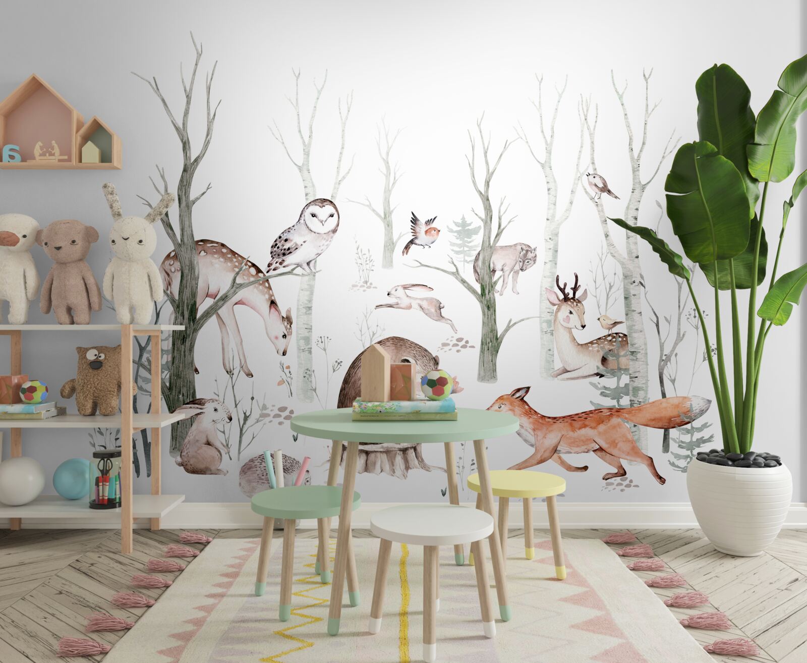 Papier peint animaux de la forêt représentés à l'aquarelle