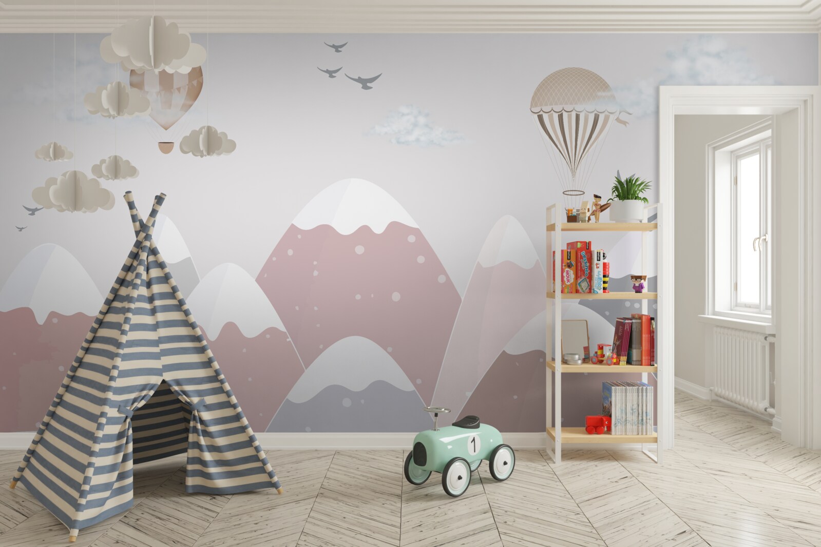 Papier peint des ballons flottant dans le ciel coupent les sommets enneigés des montagnes