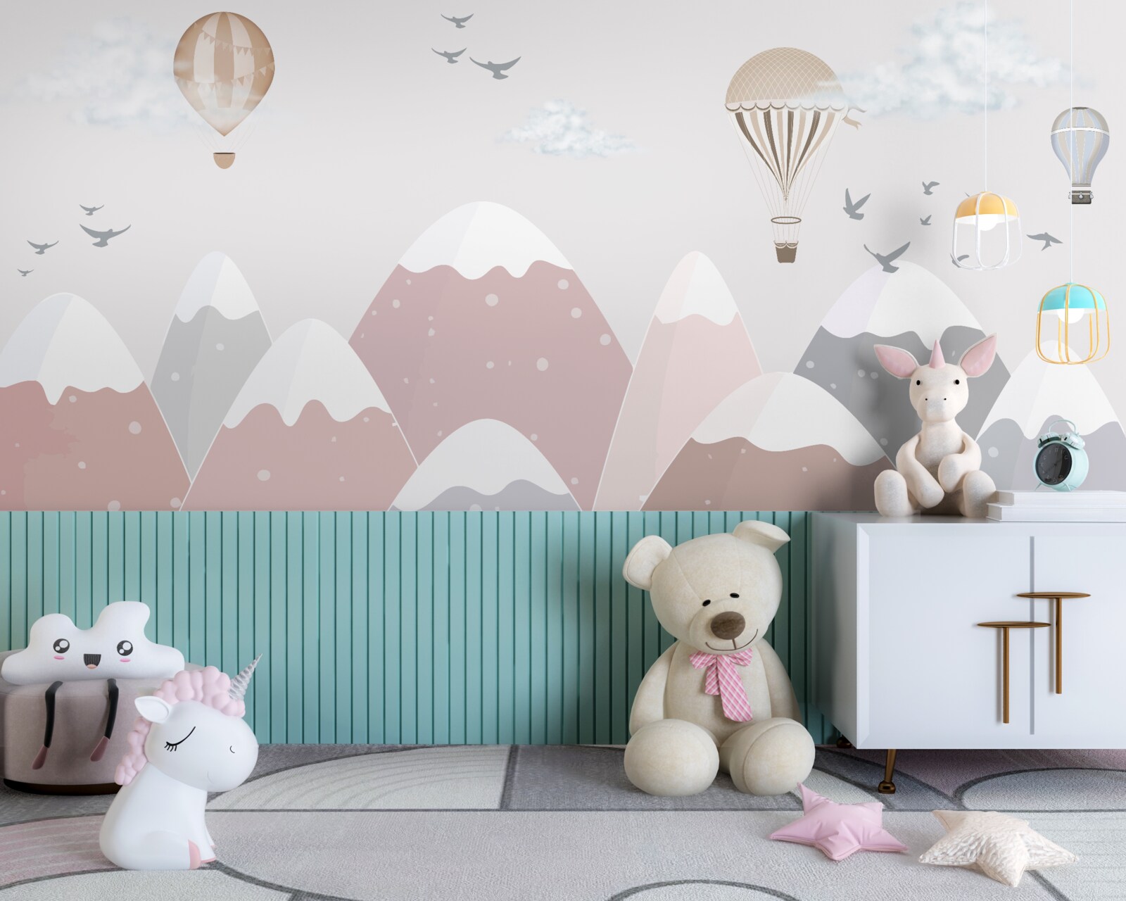 Papier peint des ballons flottant dans le ciel coupent les sommets enneigés des montagnes