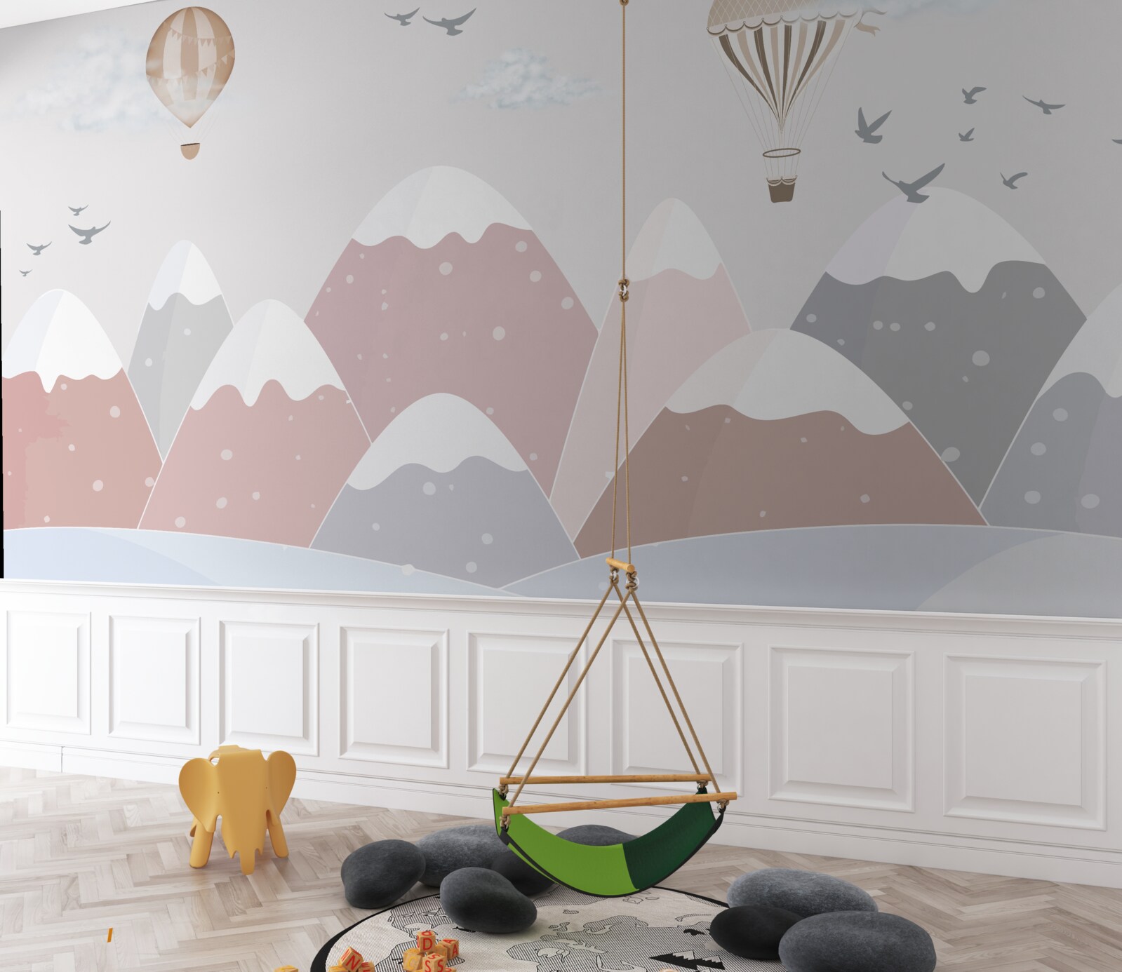 Papier peint des ballons flottant dans le ciel coupent les sommets enneigés des montagnes