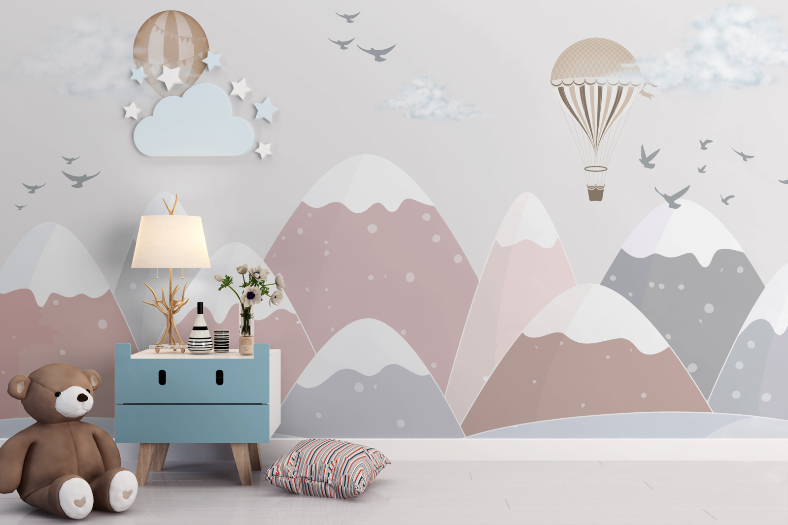 Papier peint des ballons flottant dans le ciel coupent les sommets enneigés des montagnes