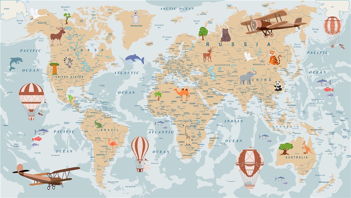 Papier peint carte géographique détaillée du monde avec diverses images