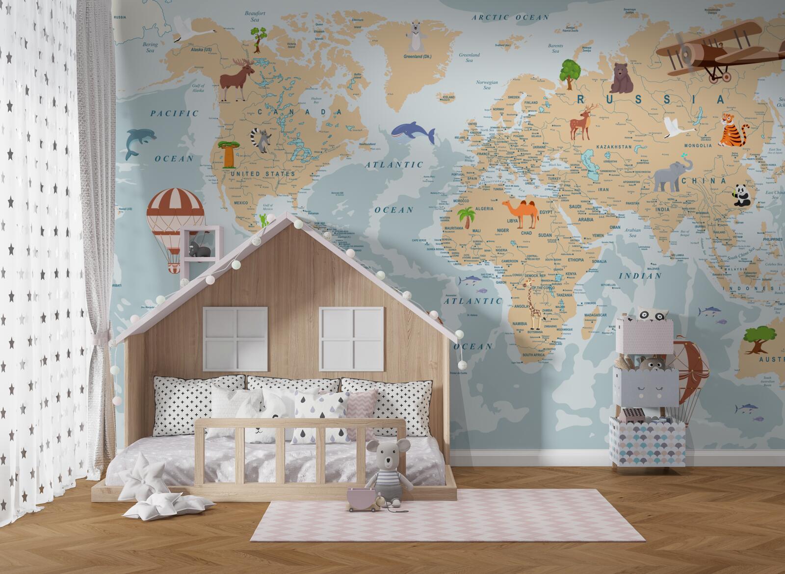 Papier peint carte géographique détaillée du monde avec diverses images