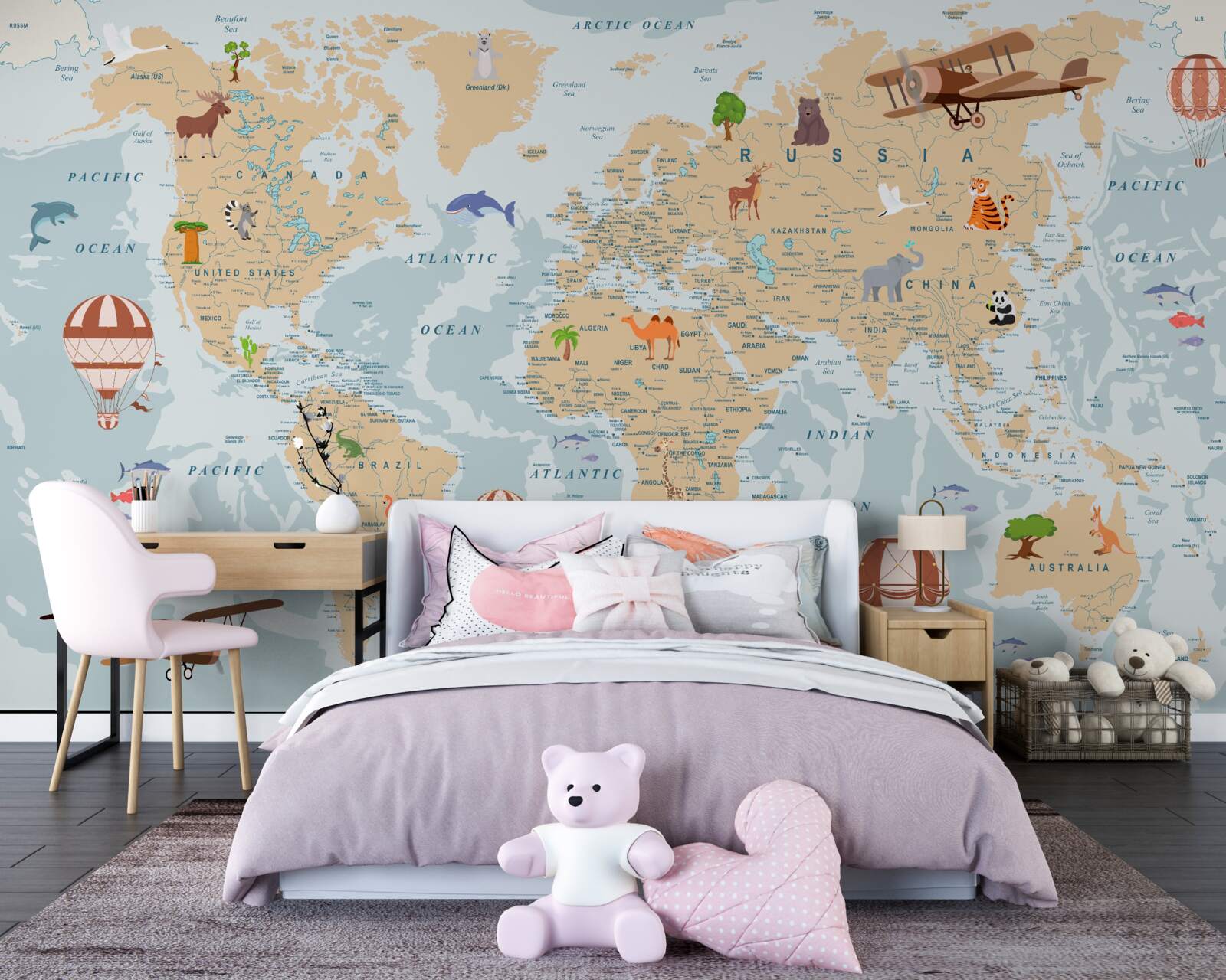 Papier peint carte géographique détaillée du monde avec diverses images