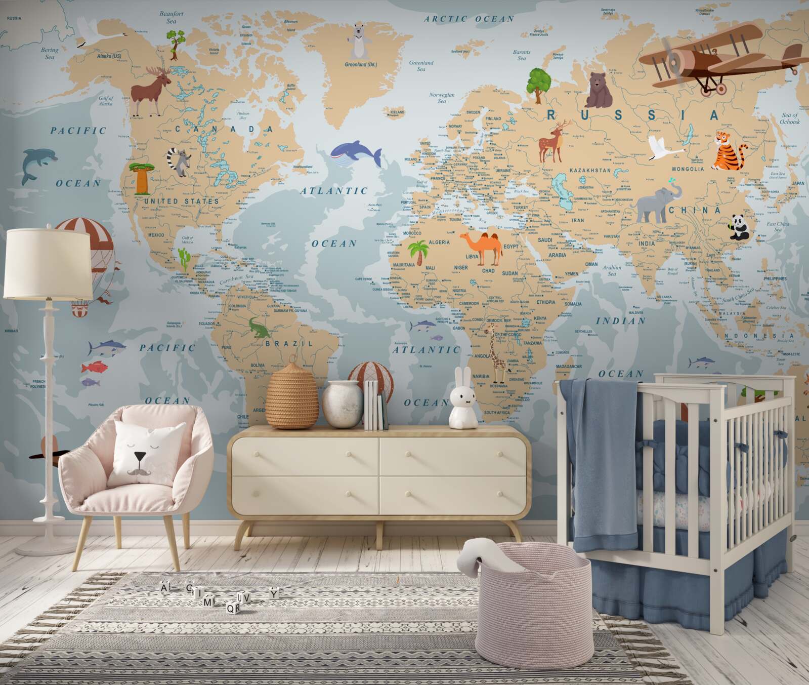 Papier peint carte géographique détaillée du monde avec diverses images