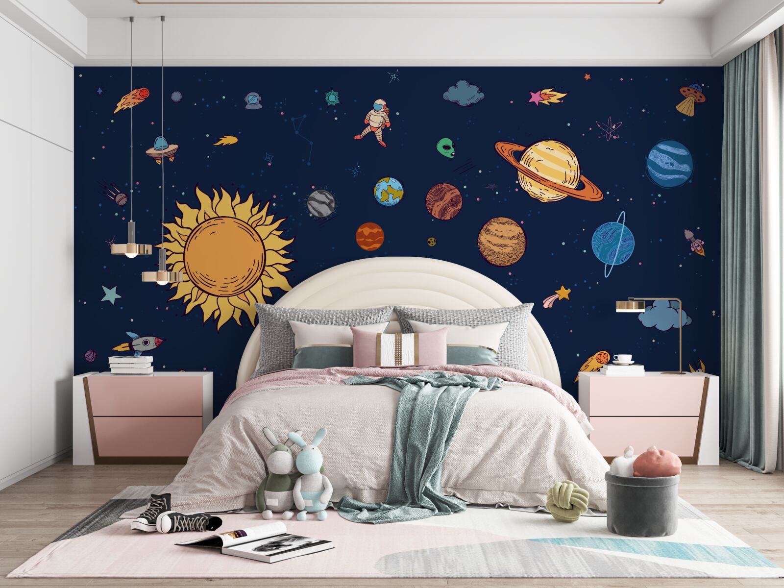 Papier peint parmi les planètes, dans l'espace, se trouve l'homme