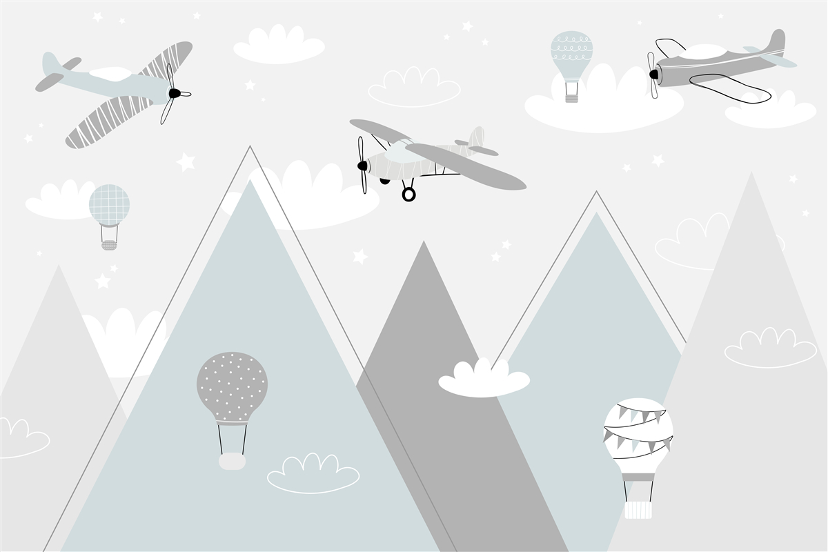 Papier peint des montgolfières et des avions survolant les sommets des montagnes